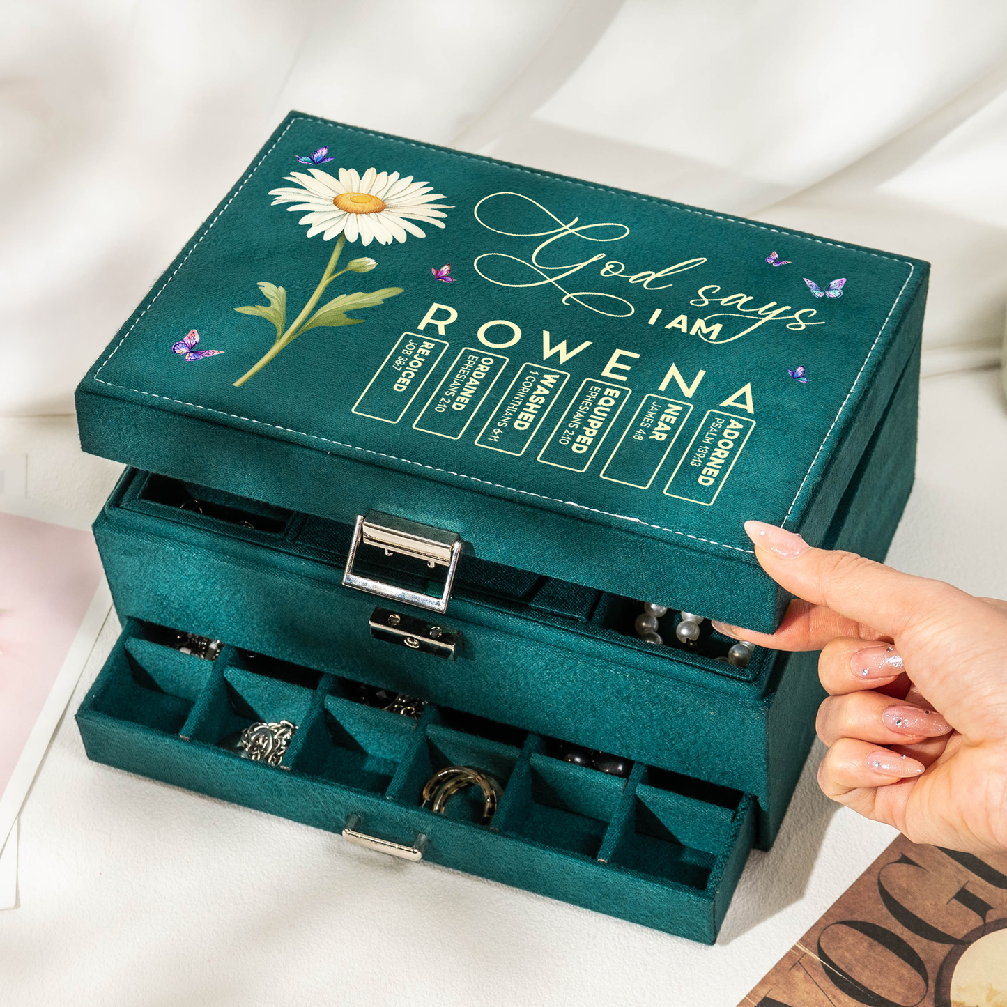 God Says I Am Name Letter In Bible Verse - Personalized Large Jewelry Box