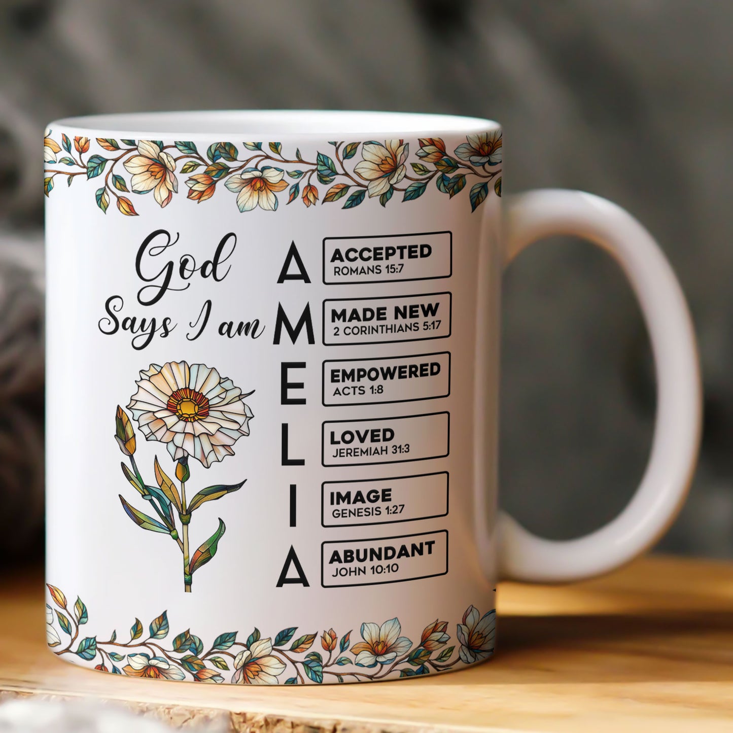 God Says I Am Name Letter In Bible With Stained Glass Birth Flower - Personalized Mug