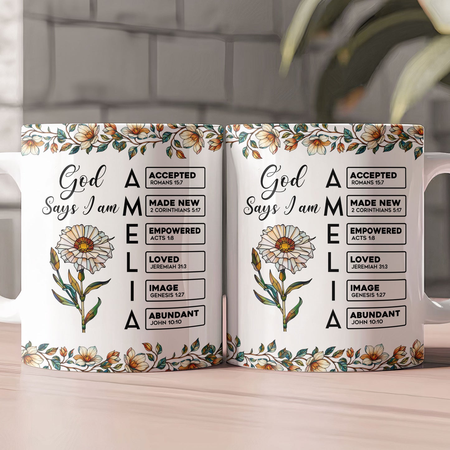 God Says I Am Name Letter In Bible With Stained Glass Birth Flower - Personalized Mug