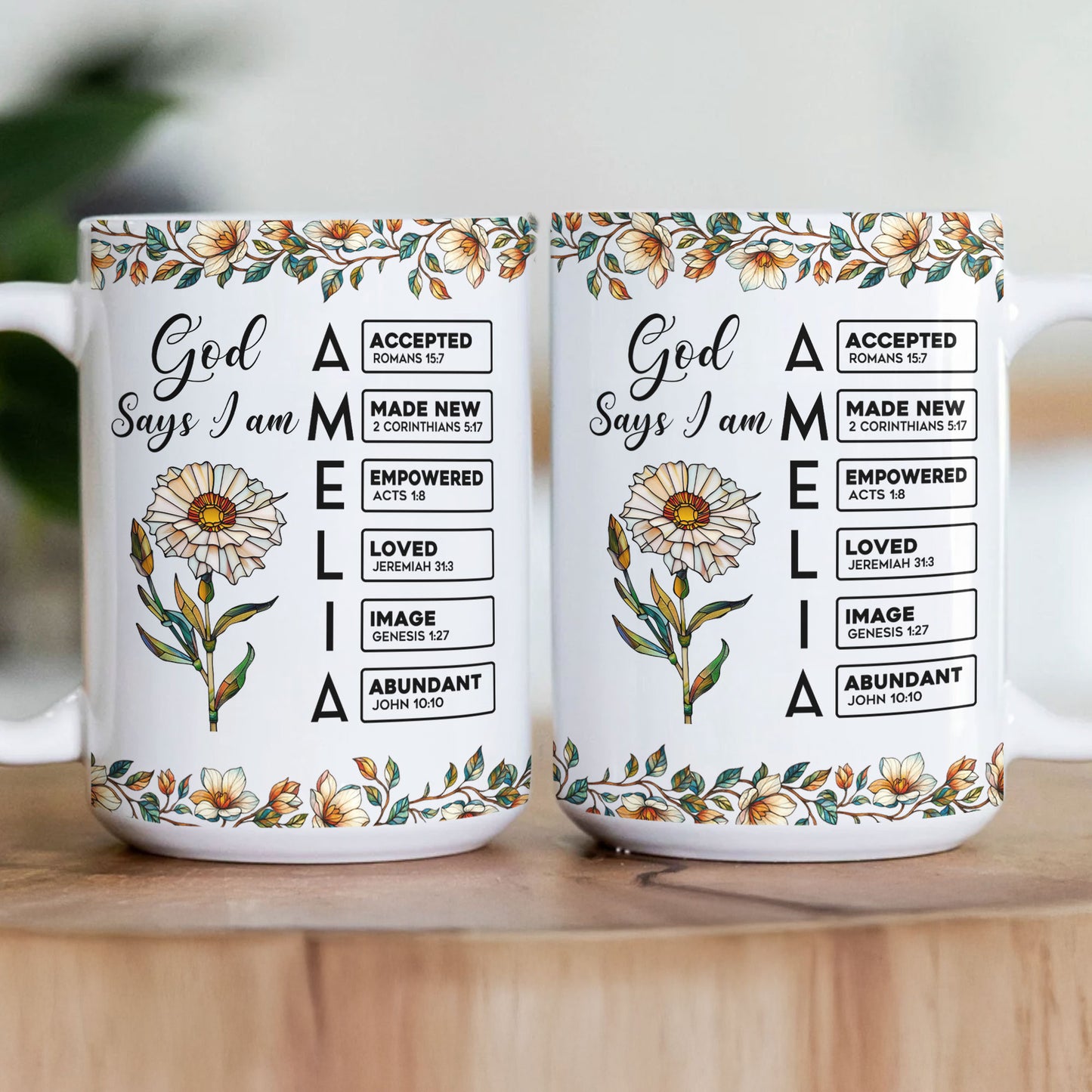 God Says I Am Name Letter In Bible With Stained Glass Birth Flower - Personalized Mug