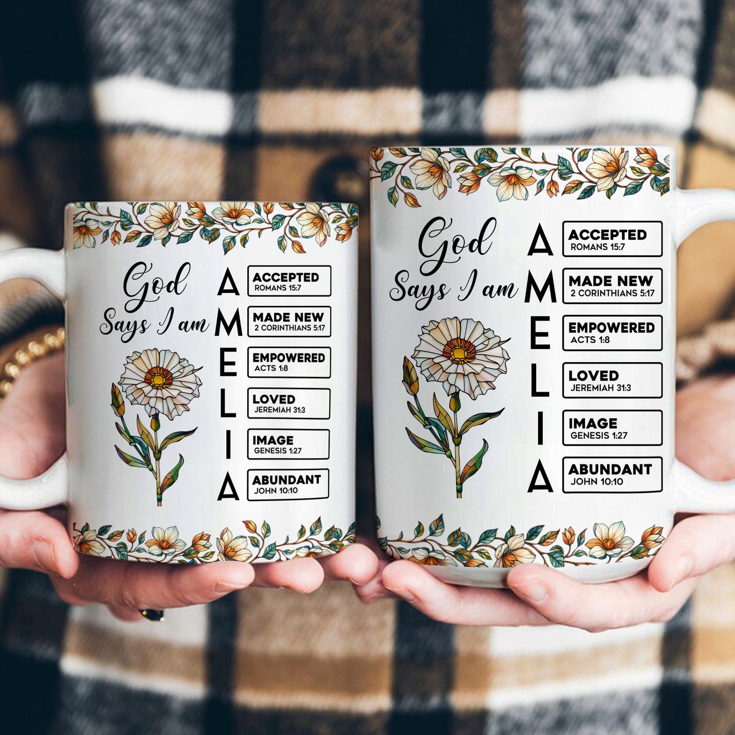 God Says I Am Name Letter In Bible With Stained Glass Birth Flower - Personalized Mug
