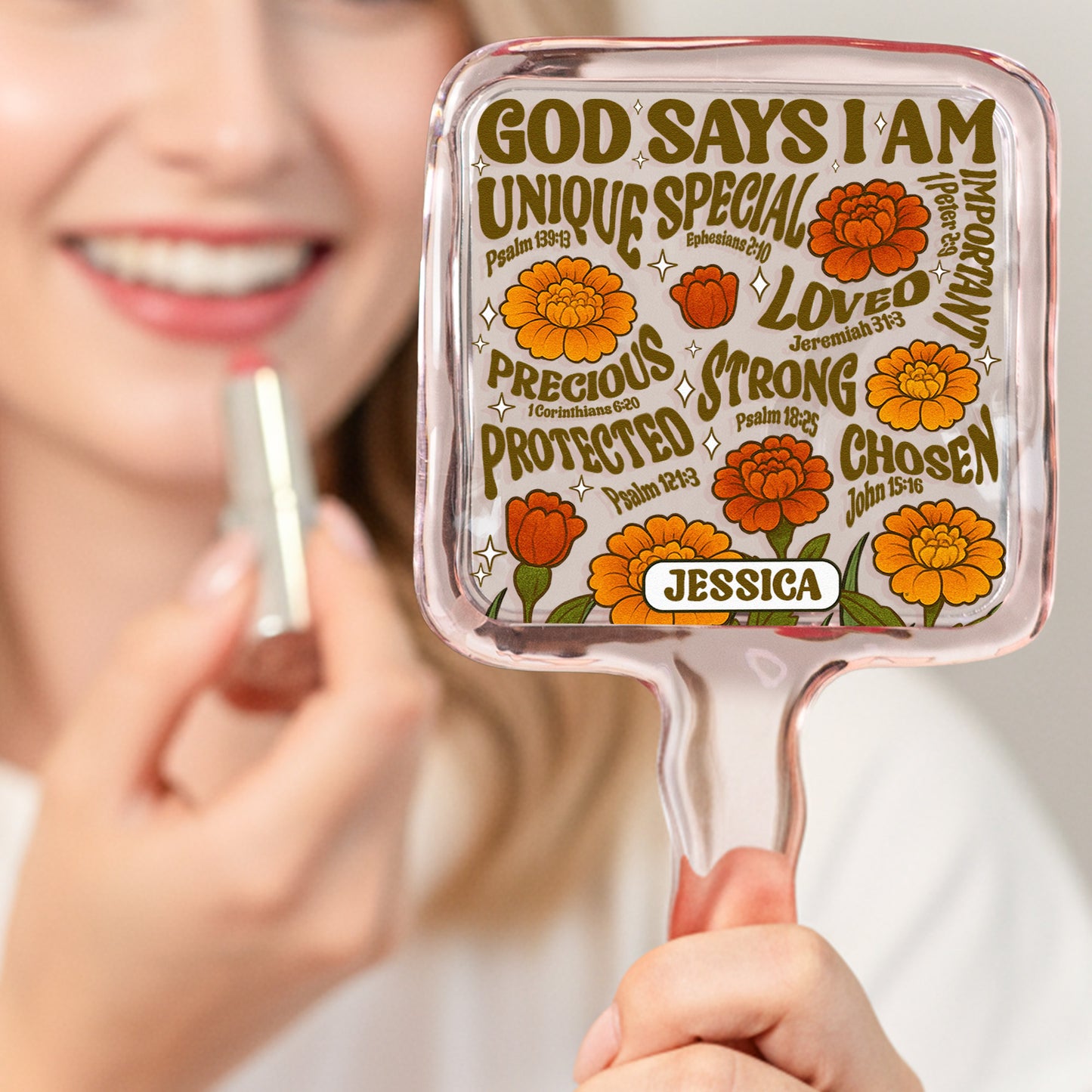God Says I Am Retro Birth Flower Style - Personalized Handheld Mirror