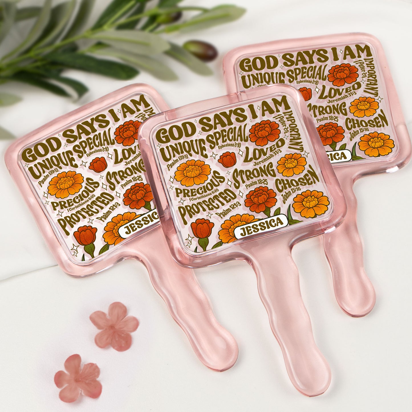 God Says I Am Retro Birth Flower Style - Personalized Handheld Mirror