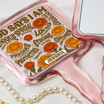 God Says I Am Retro Birth Flower Style - Personalized Handheld Mirror