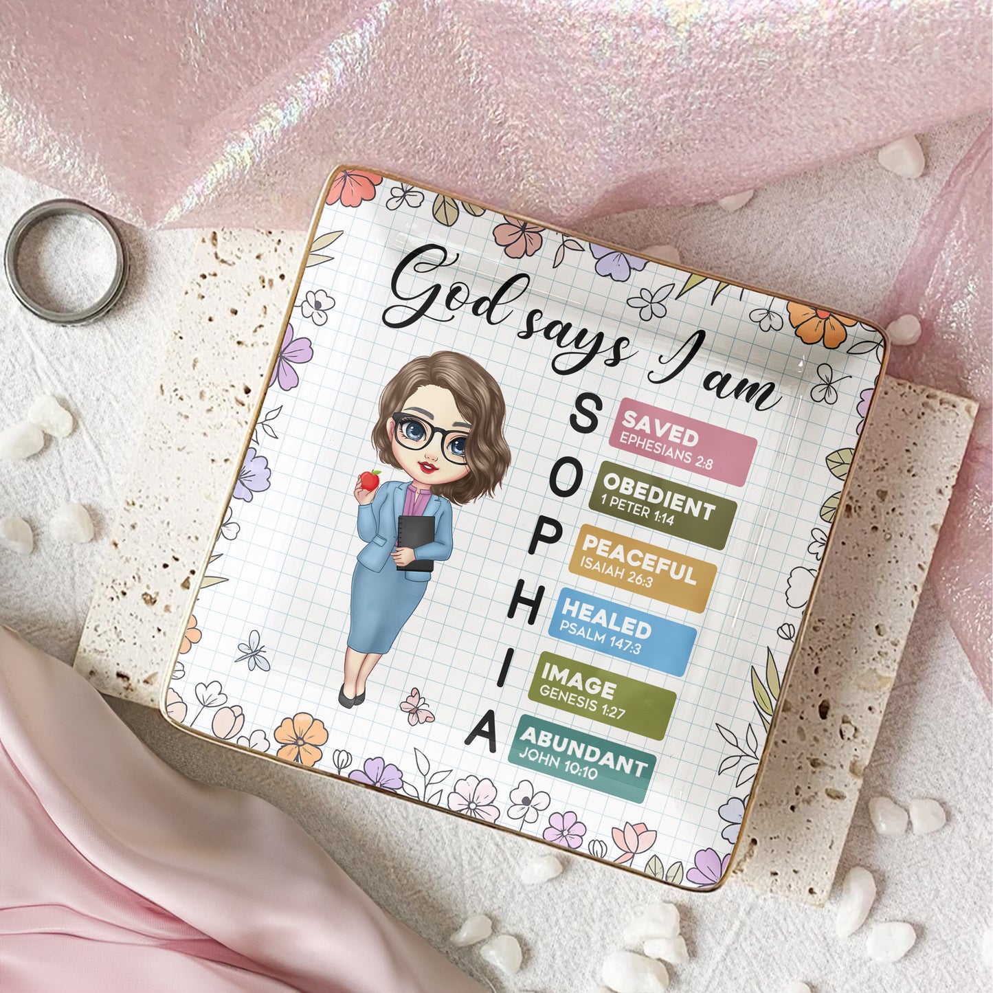 God Says I Am Teacher Name Letter In Bible - Personalized Jewelry Dish