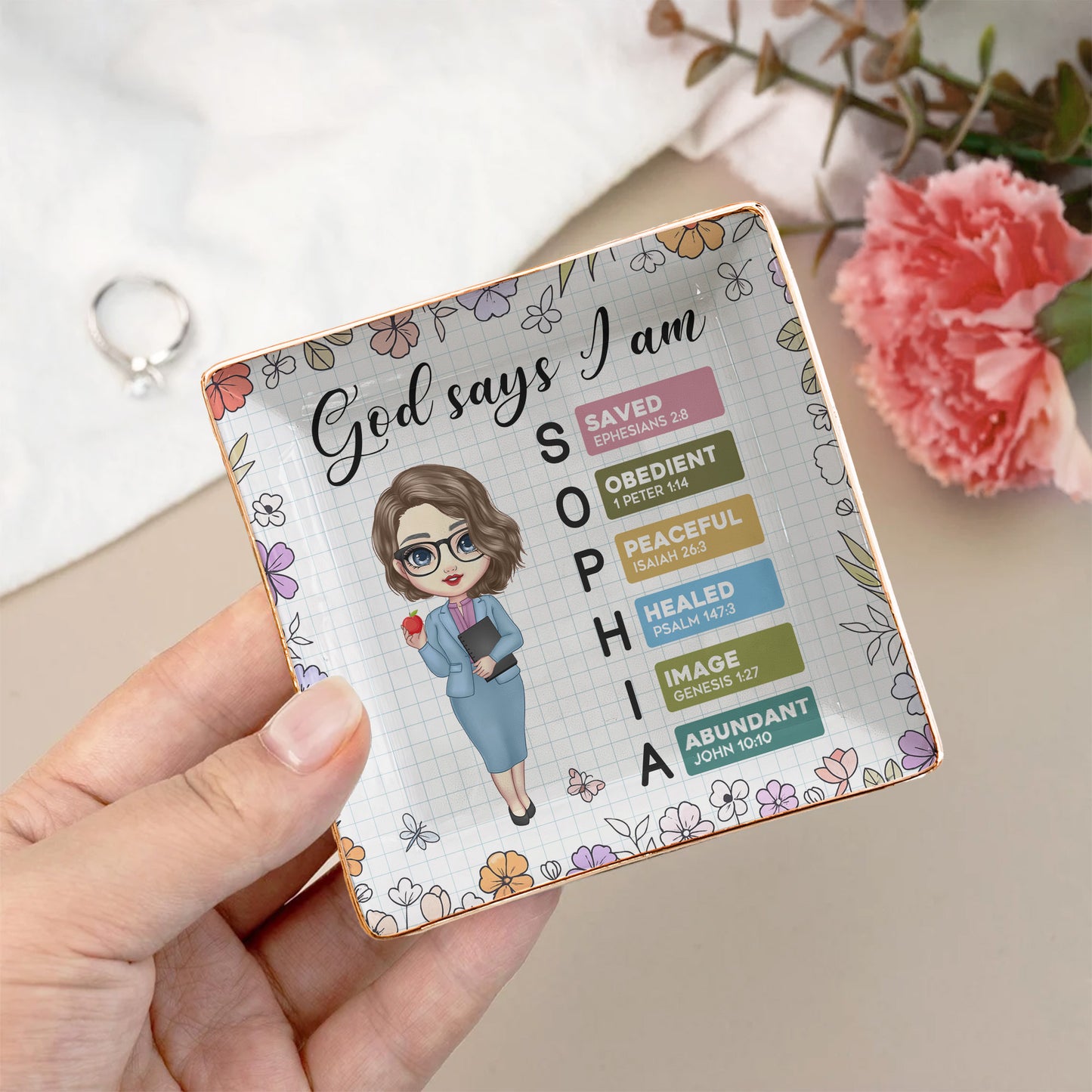 God Says I Am Teacher Name Letter In Bible - Personalized Jewelry Dish