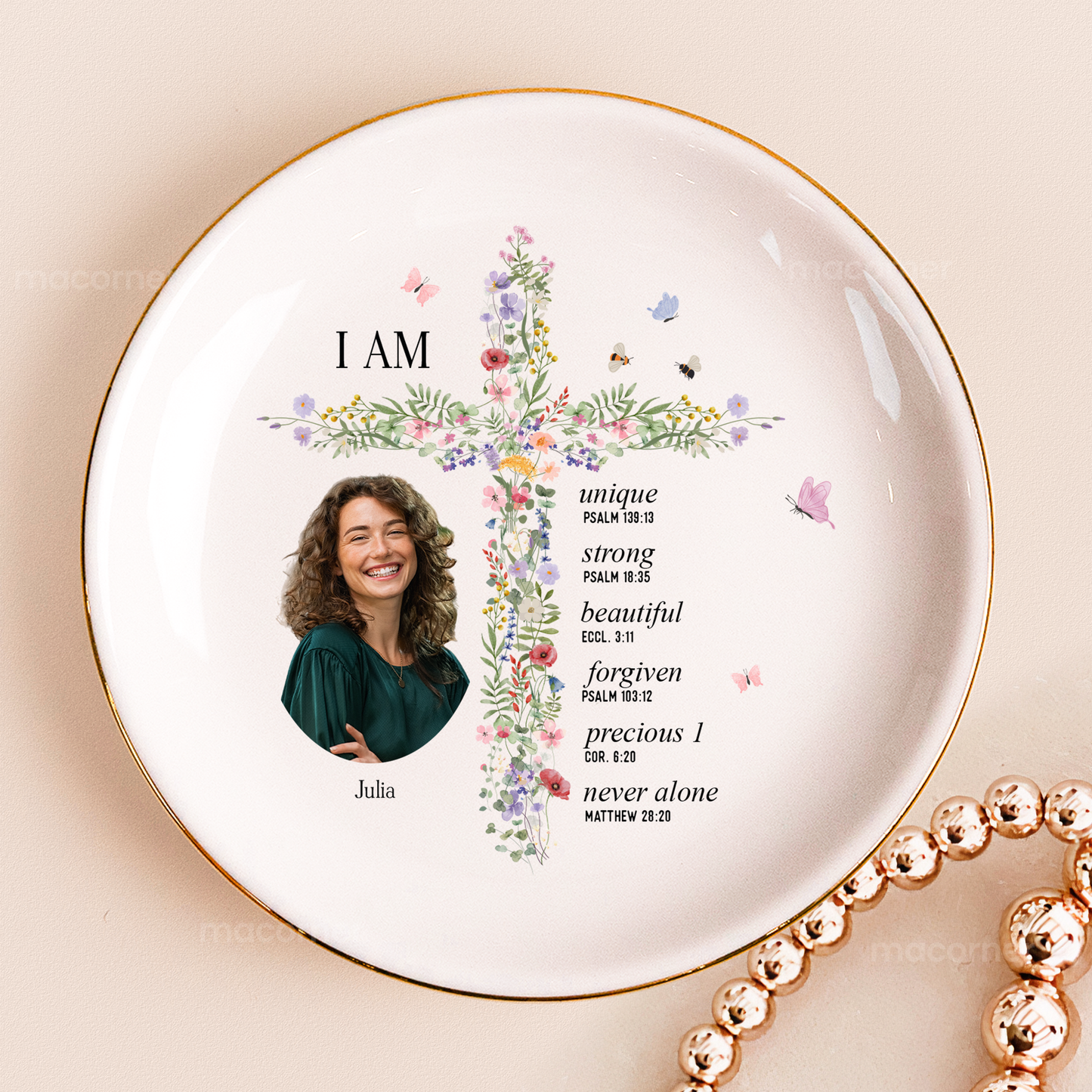 God Says I Am With Floral Cross Gift For Daughter - Personalized Photo Jewelry Dish