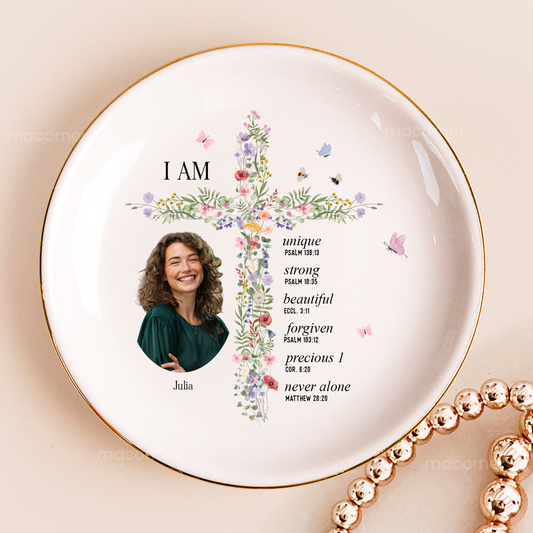 God Says I Am With Floral Cross Gift For Daughter - Personalized Photo Jewelry Dish