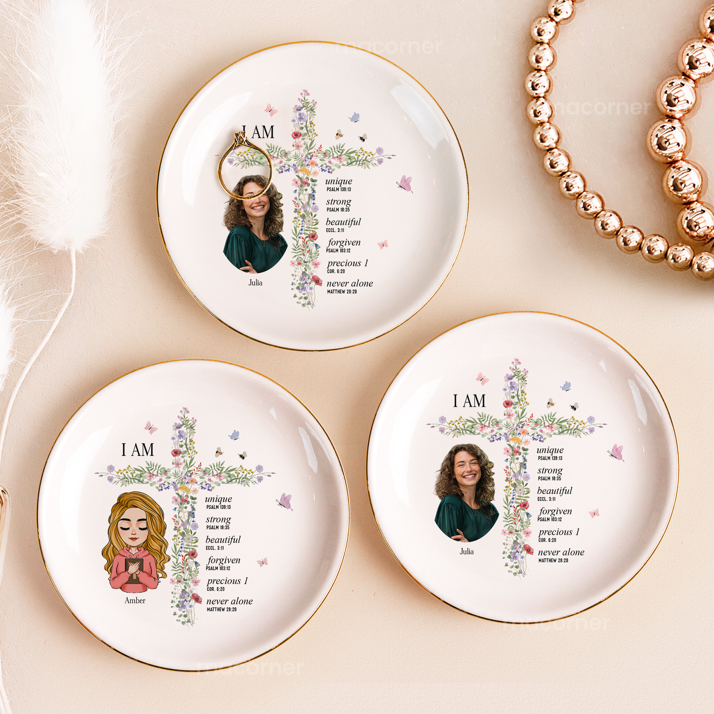 God Says I Am With Floral Cross Gift For Daughter - Personalized Photo Jewelry Dish