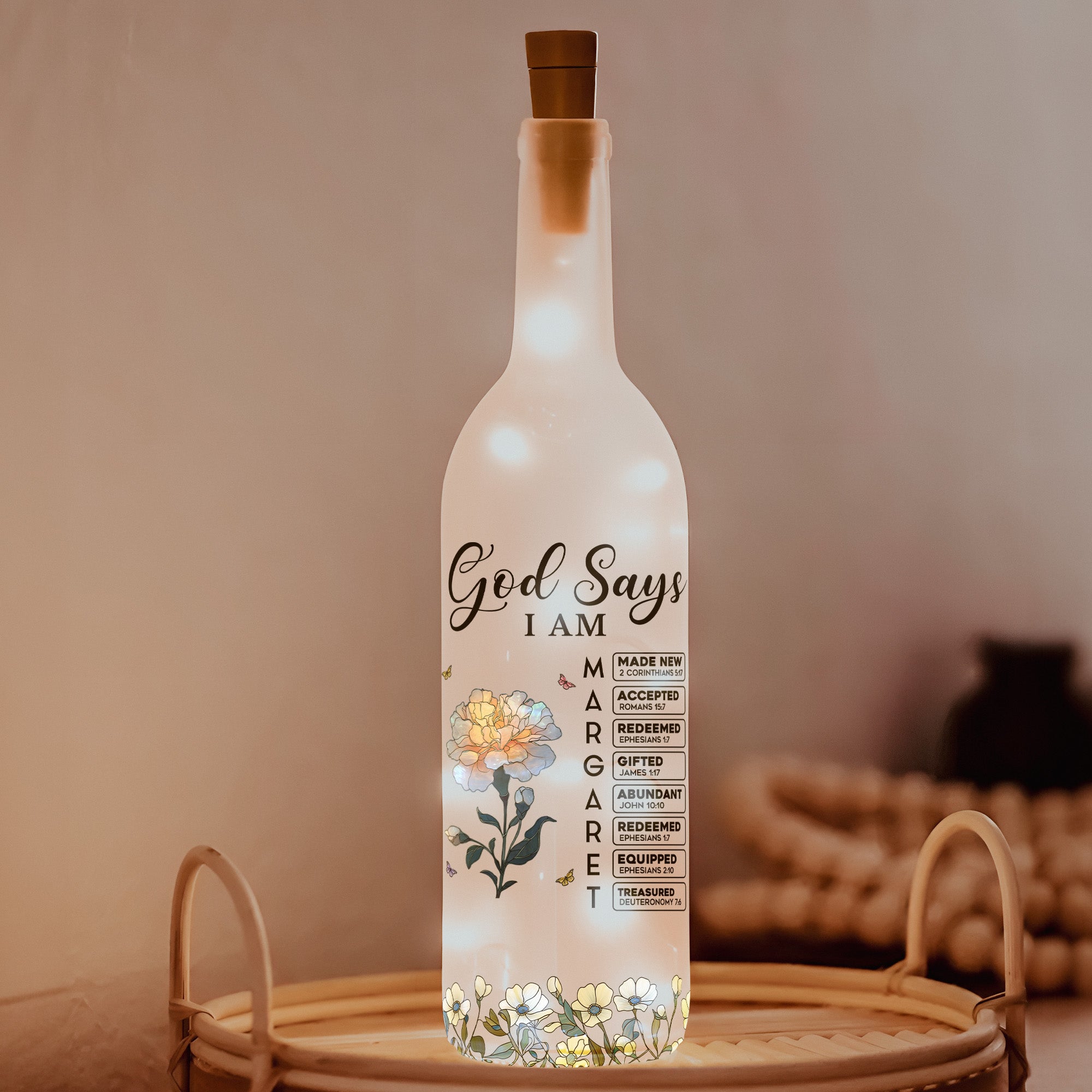 God Says I Am With Name Letter In Bible - Personalized Bottle Lamp