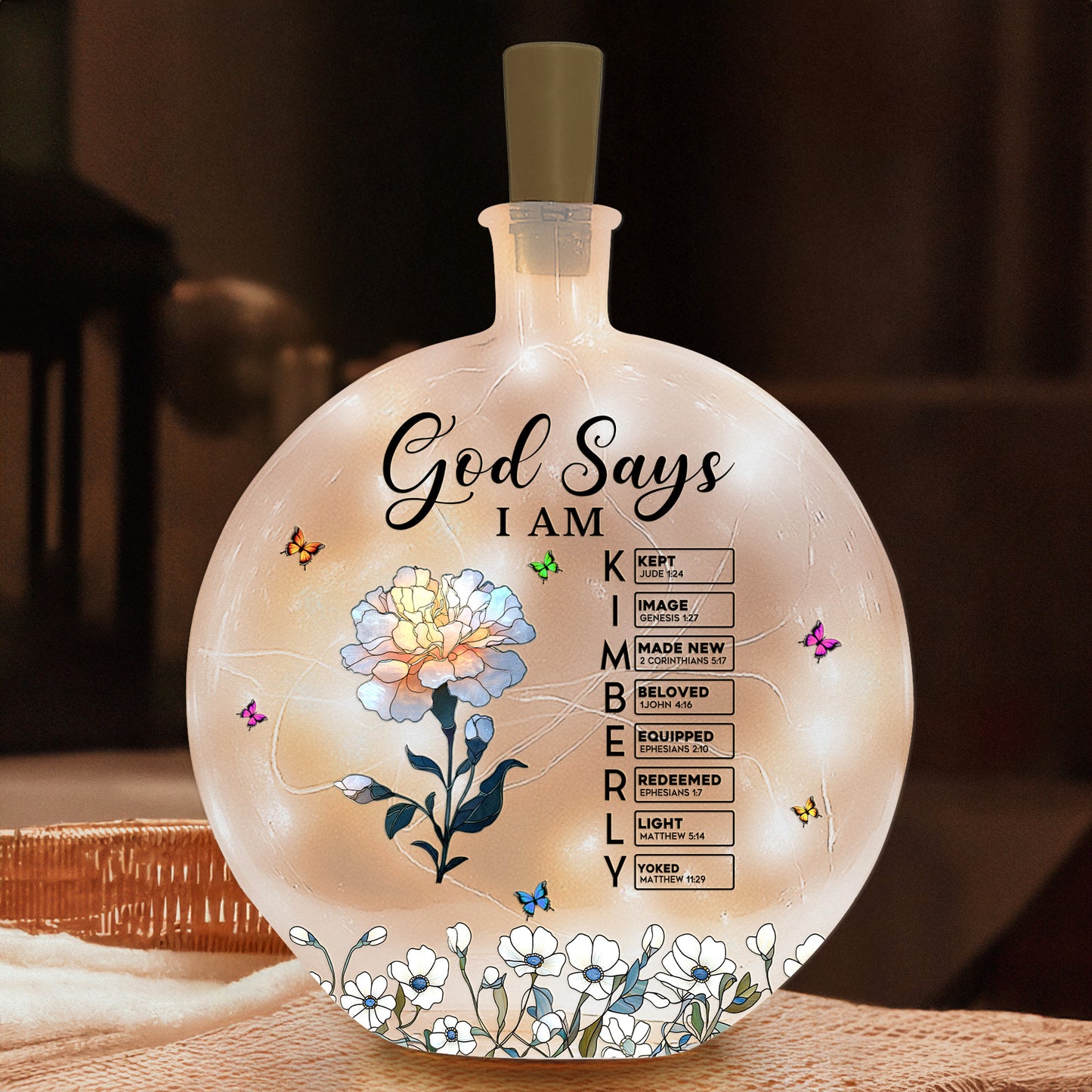 God Says I Am With Name Letter In Bible - Personalized Round Flat Bottle Light