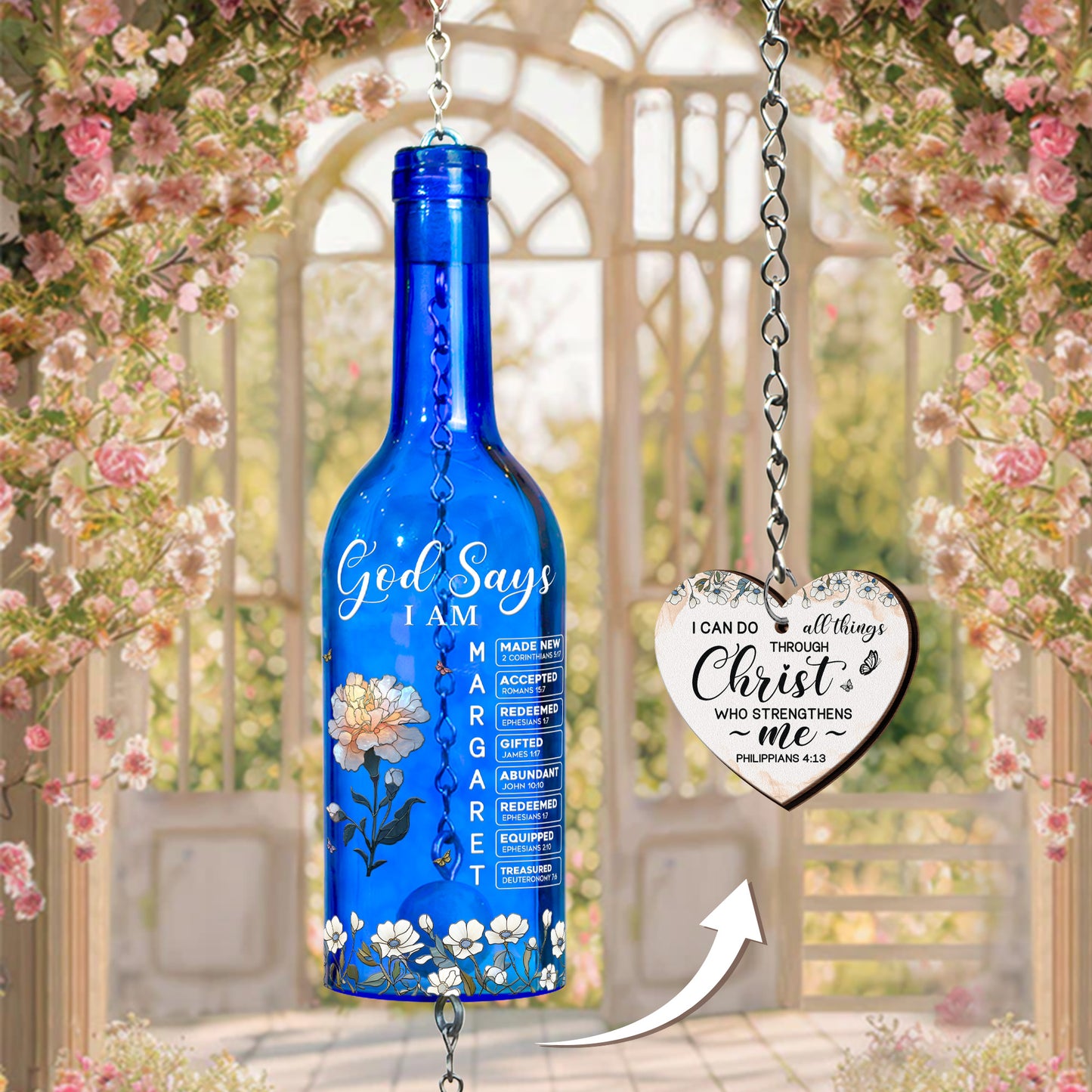 God Says I Am With Name Letter In Bible - Personalized Wine Bottle Wind Chime