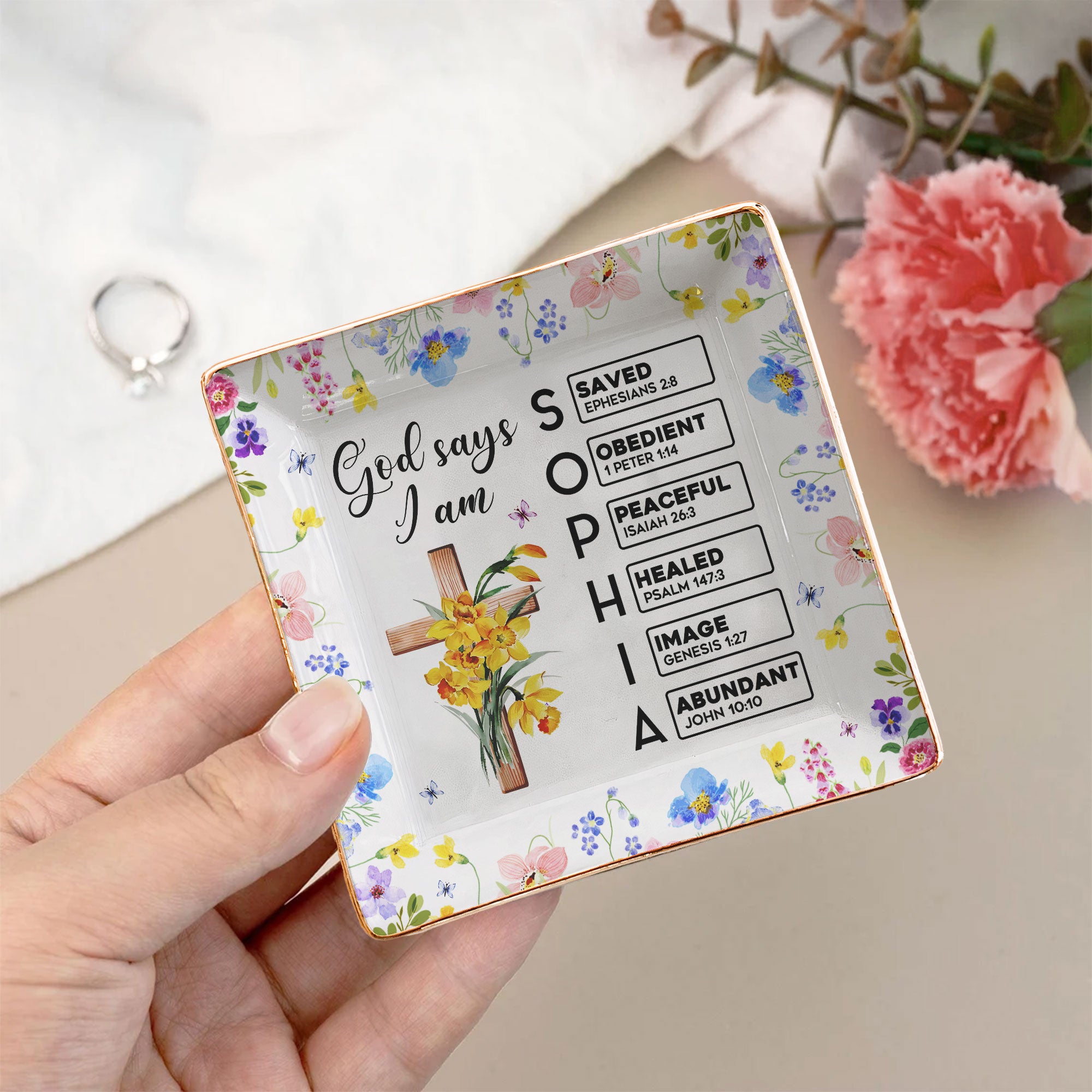 God Says I Am With Name Letter In Scripture - Personalized Jewelry Dish