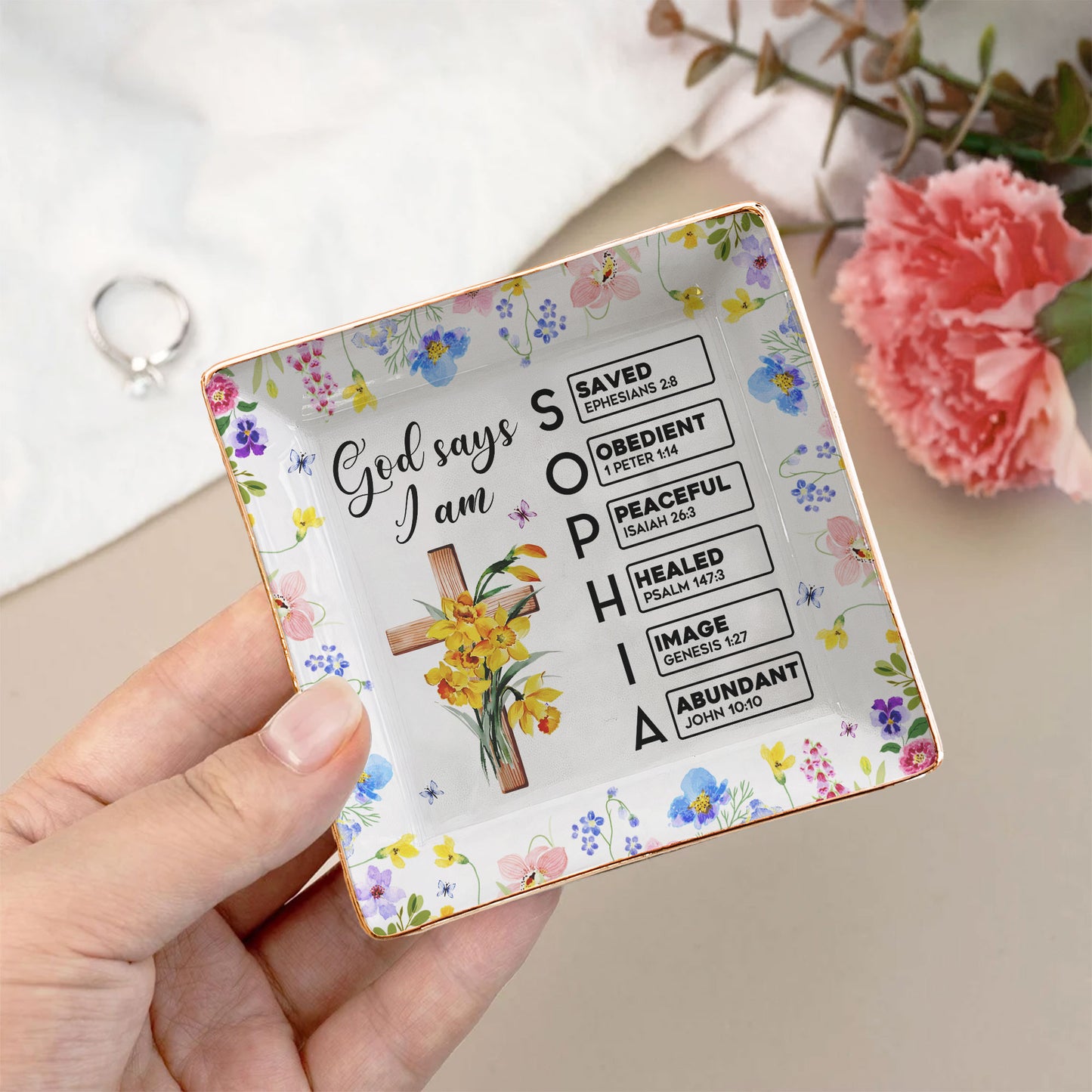 God Says I Am With Name Letter In Scripture - Personalized Jewelry Dish