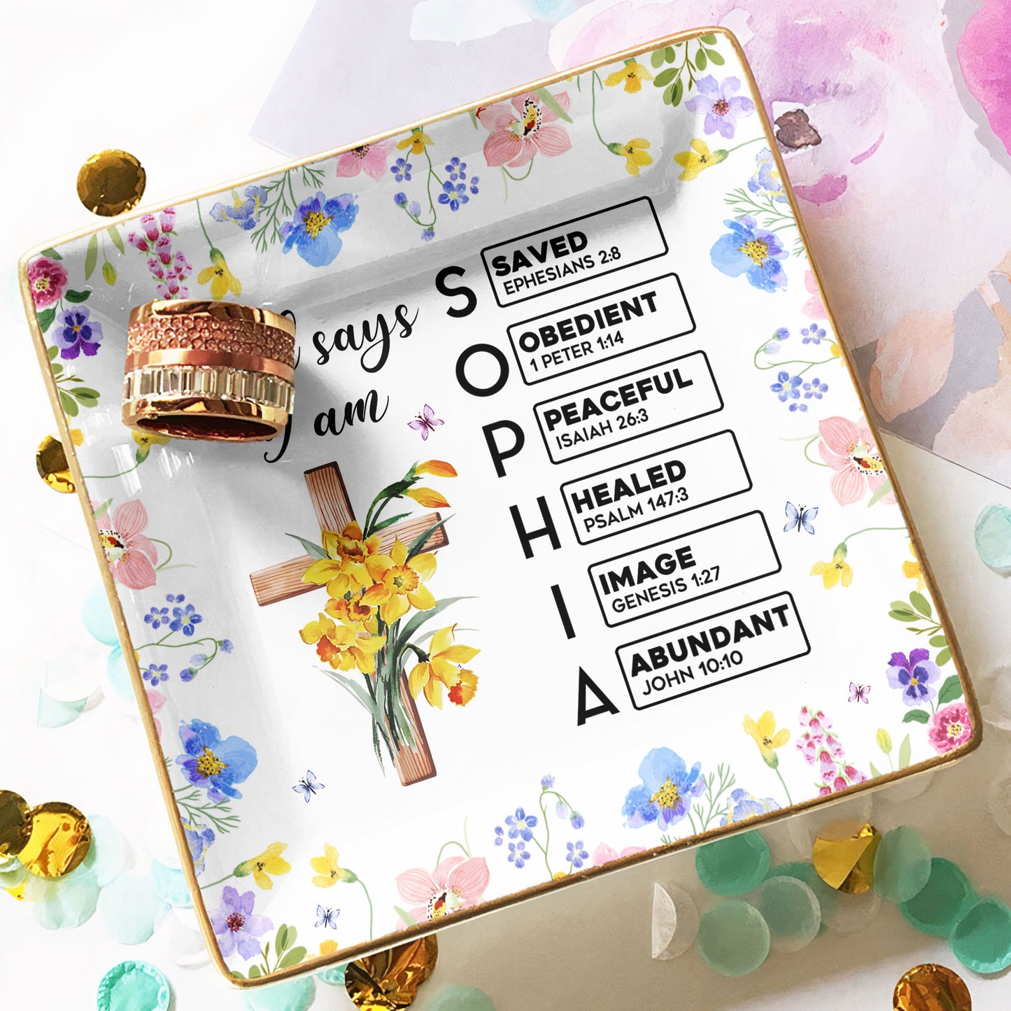 God Says I Am With Name Letter In Scripture - Personalized Jewelry Dish