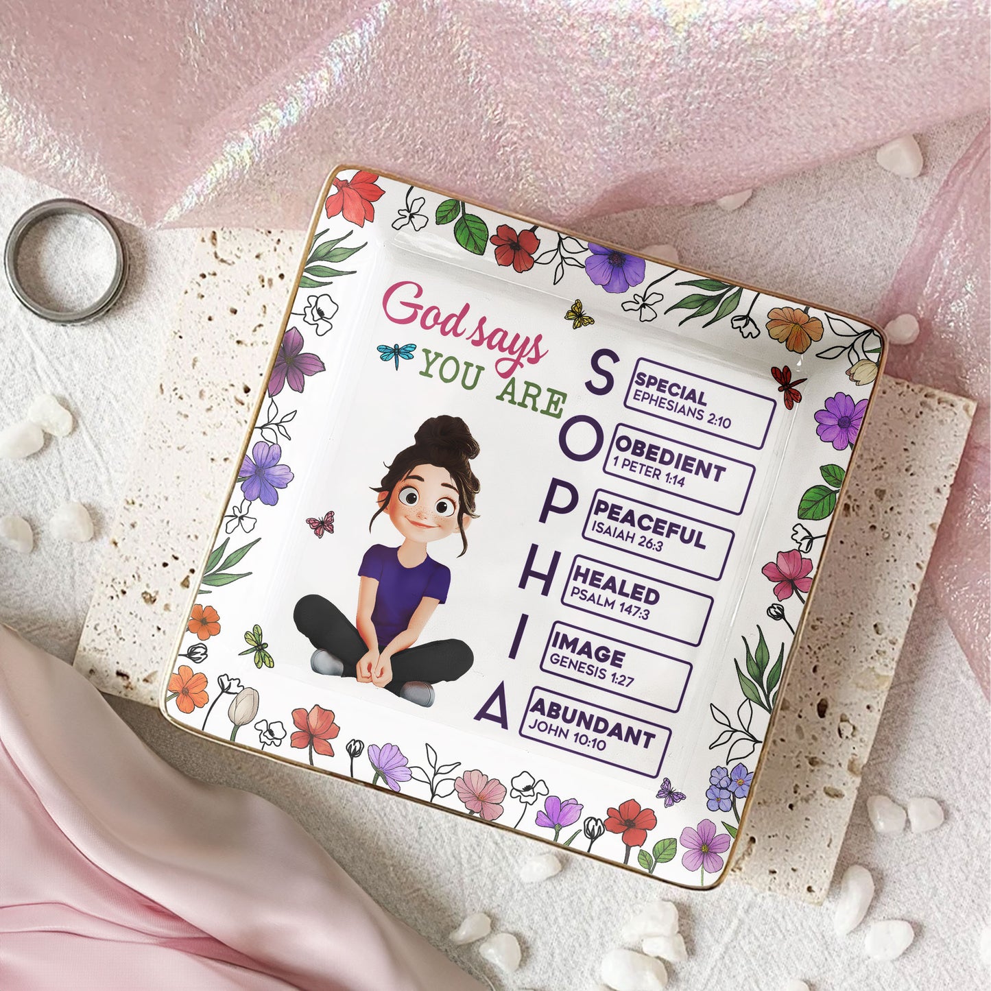 God Says You Are Cartoon Custom Name Letter In Bible - Personalized Jewelry Dish