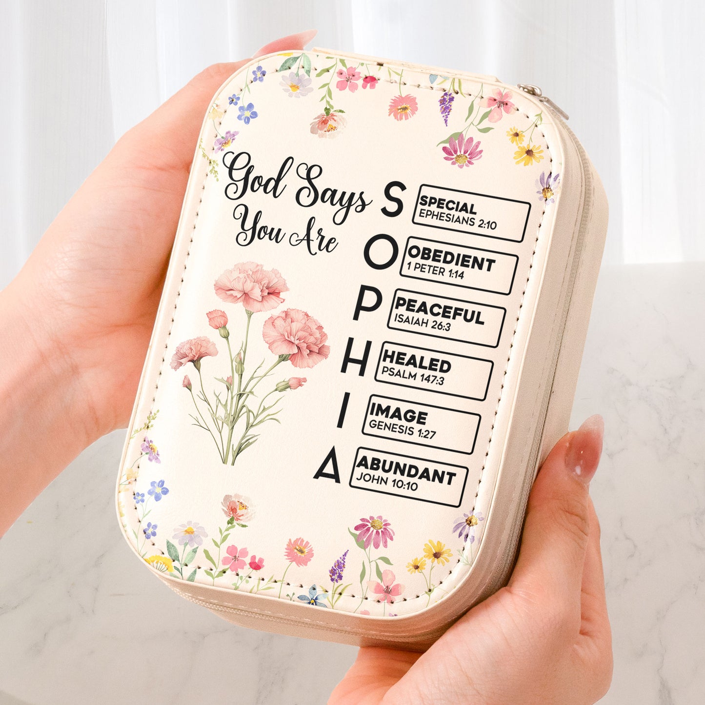God Says You Are Custom Birth Flower & Name In Bible Verses - Custom Makeup Box With LED Mirror