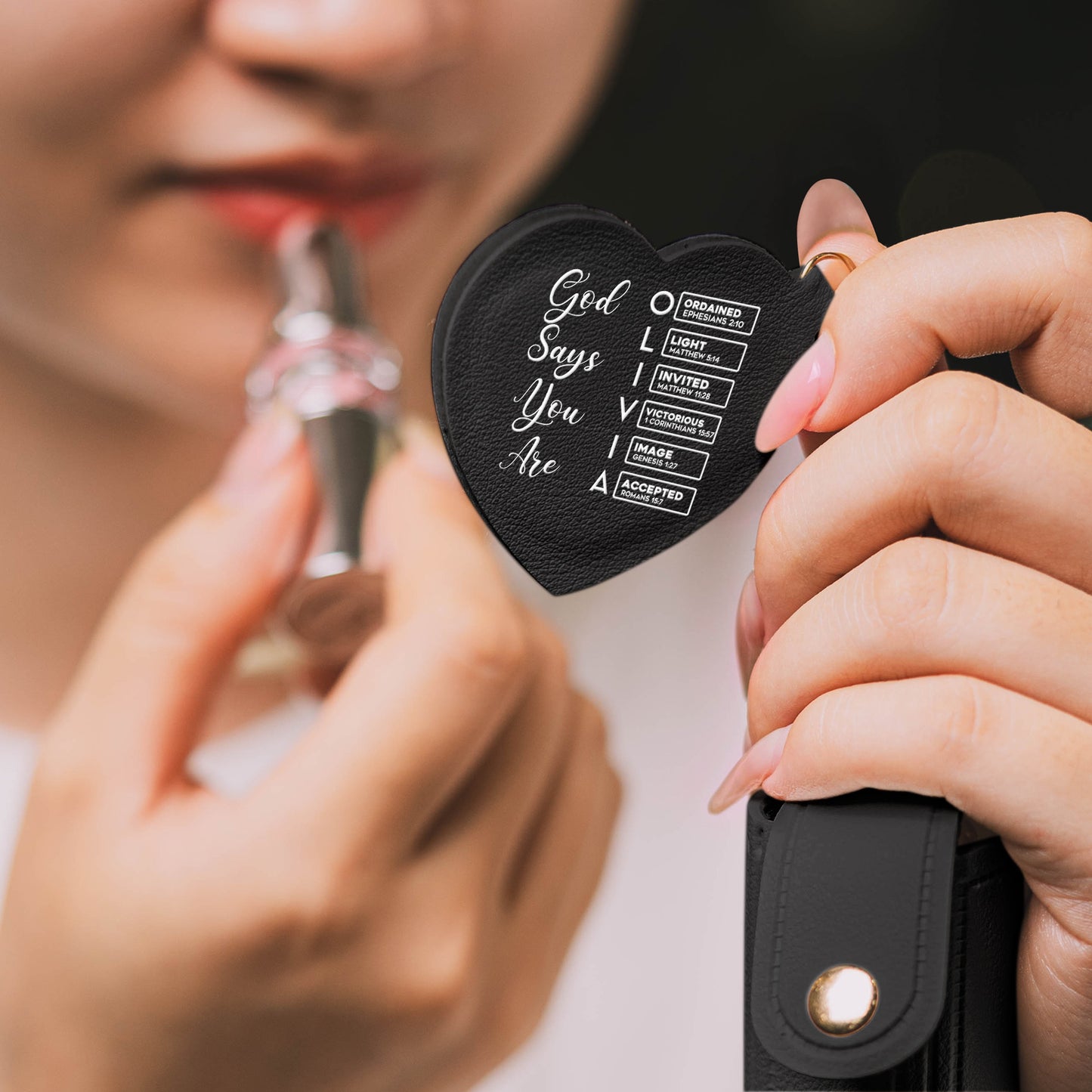 God Says You Are Name In Bible Verses - Personalized Leather Lipstick Case With Mirror Keychain