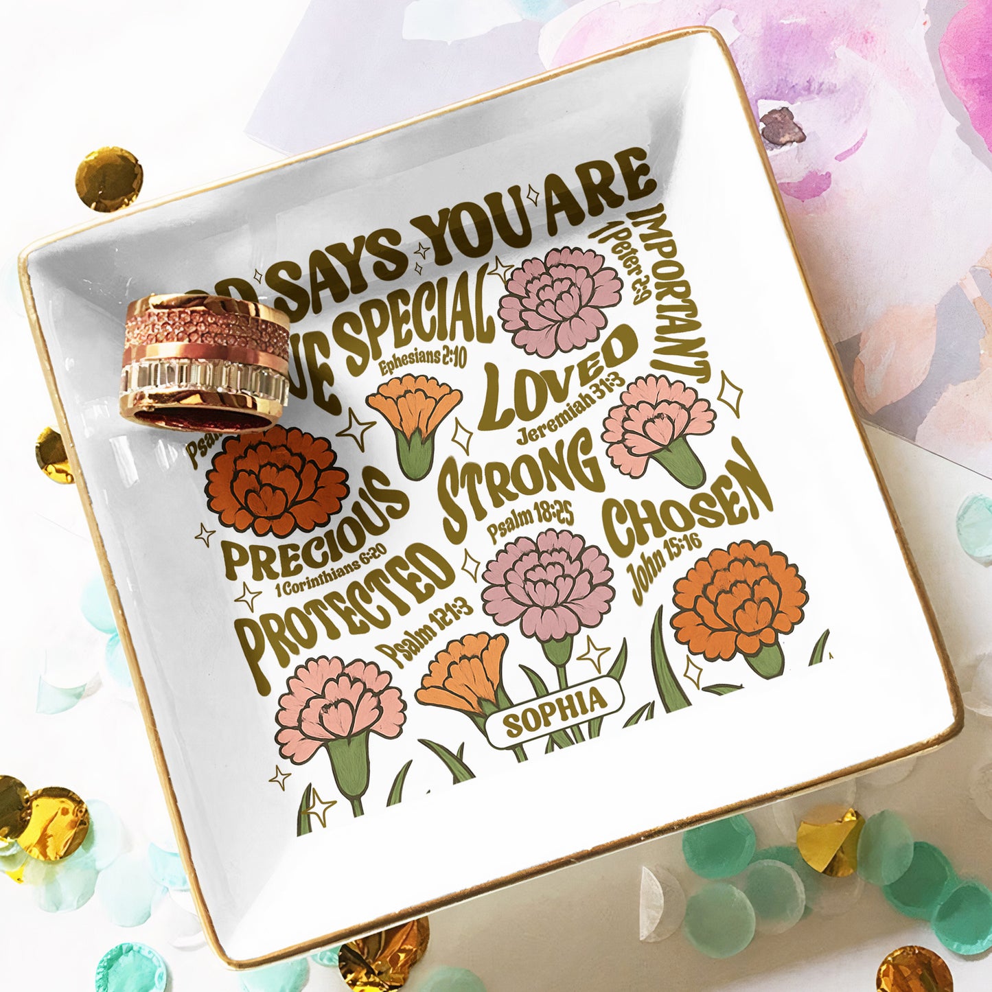 God Says You Are Retro Birth Flower - Personalized Jewelry Dish