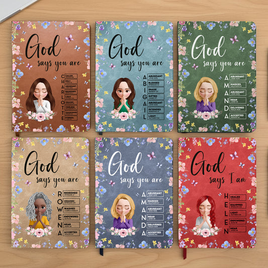 God Says You Are With Name Letter In Scripture Christian Gift - Personalized Leather Journal