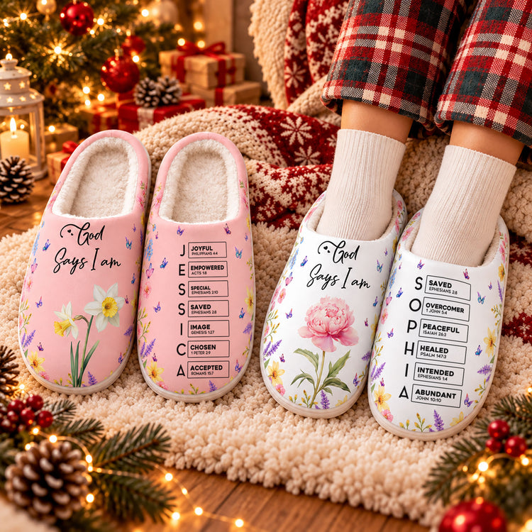 God-Says-I-Am-Custom-Name-&-Birth-Flower-For-Her-Personalized-Slippers-1