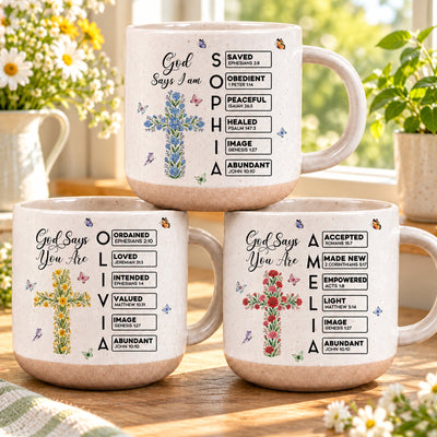 God Says I Am Name Letter In Bible Cross Birth Month Flower - Personalized Mug