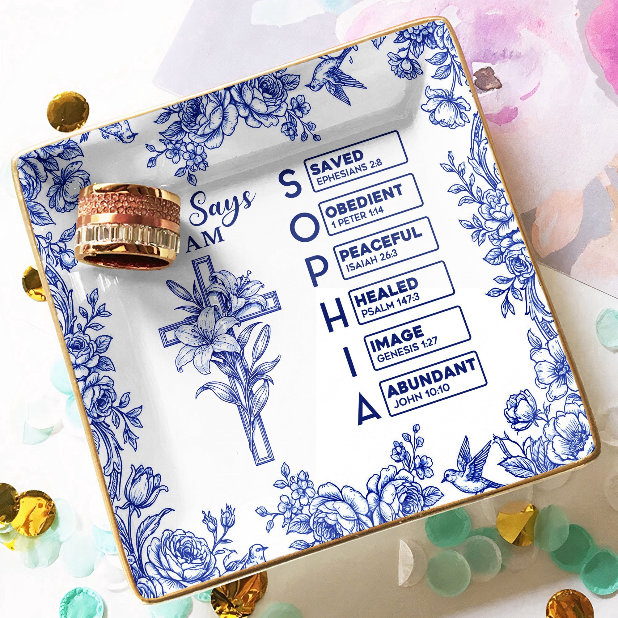 God_Says_I_Am_Name_Letter_In_Bible_Toile_De_Jouy_With_Faith_Symbol_Personalized_Jewelry_Dish_4