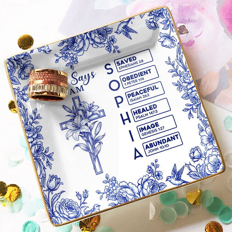 God_Says_I_Am_Name_Letter_In_Bible_Toile_De_Jouy_With_Faith_Symbol_Personalized_Jewelry_Dish_4