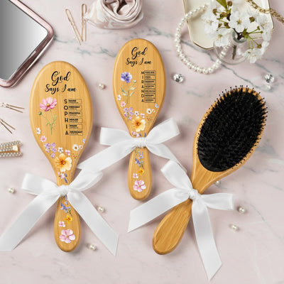 God Says You Are - Custom Birth Flower & Name With Bible Verse - Personalized Hair Brush