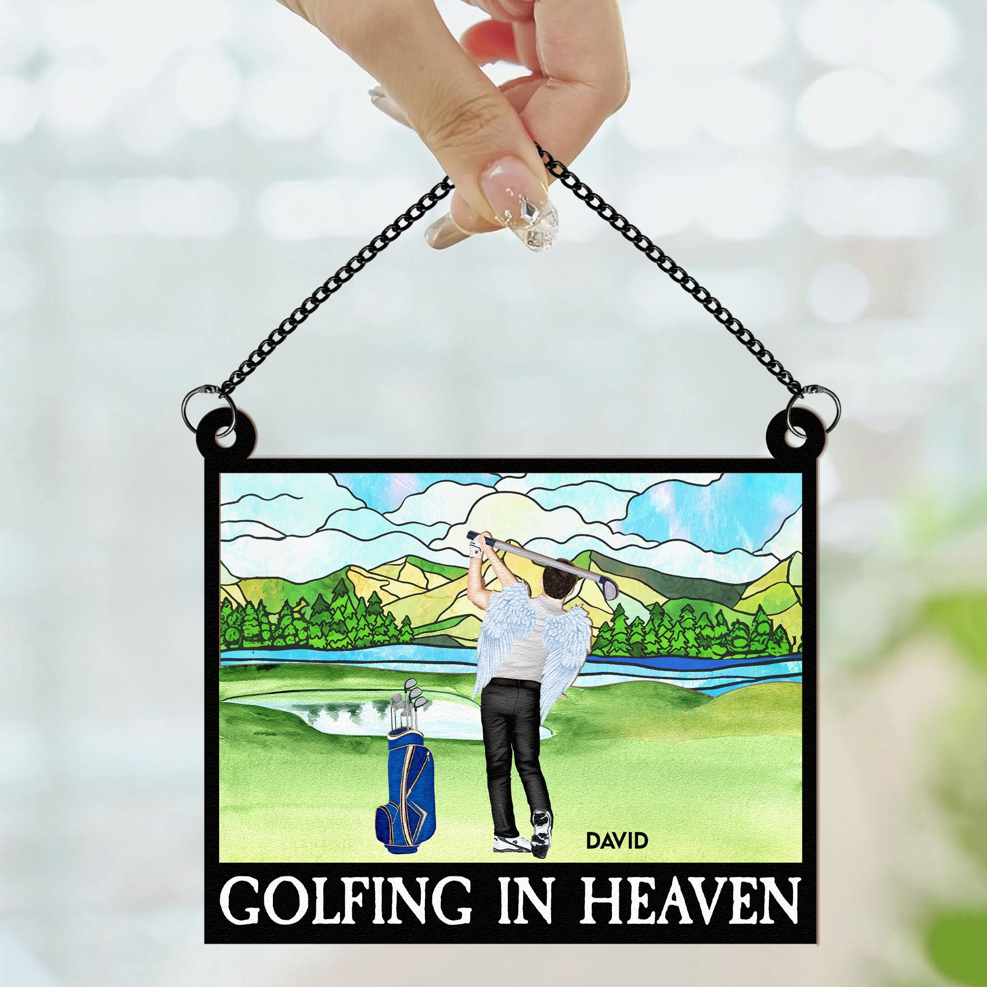 Golfing In Heaven - Personalized Window Hanging Suncatcher Ornament