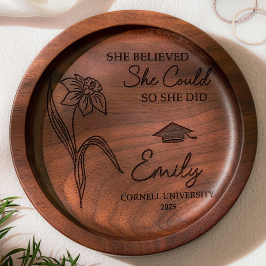 Graduation Gift For Her - Custom Birth Flowers - Personalized Wood Ring Dish