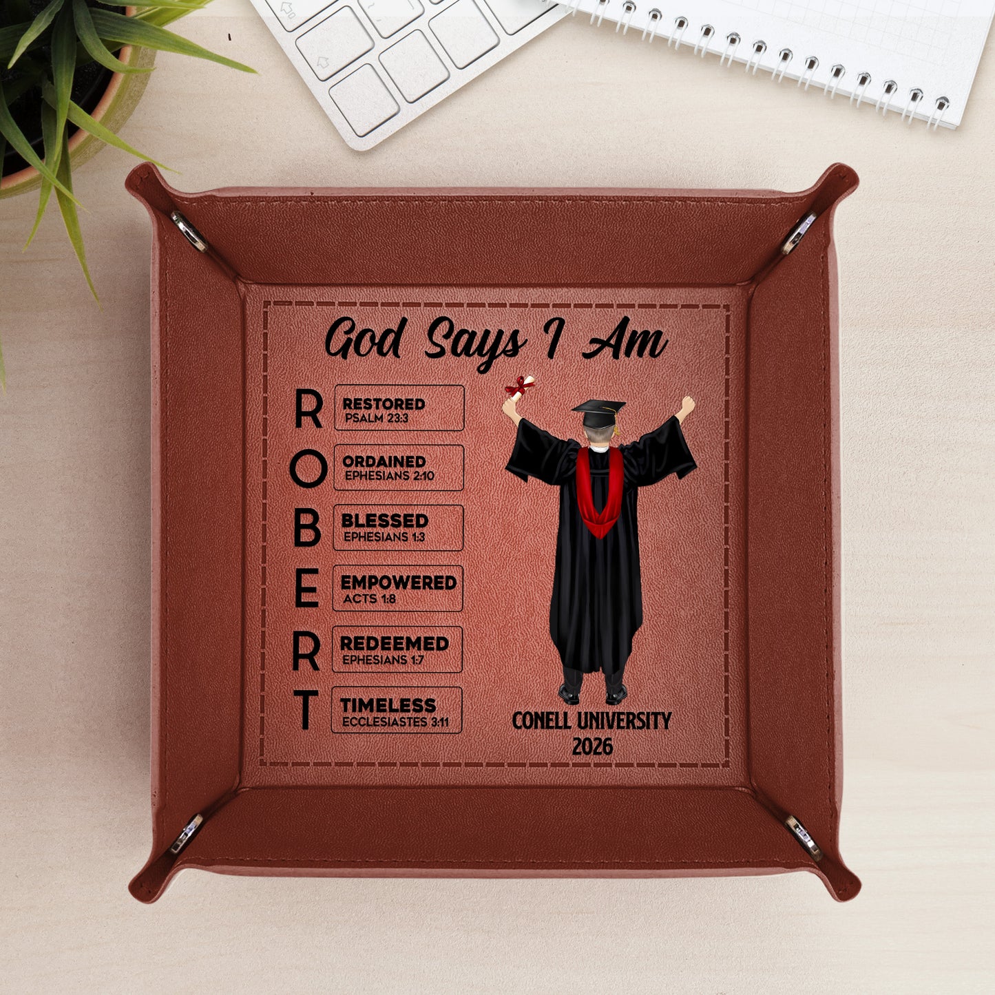 Graduation Gift For Him - God Says You Are - Personalized Leather Valet Tray