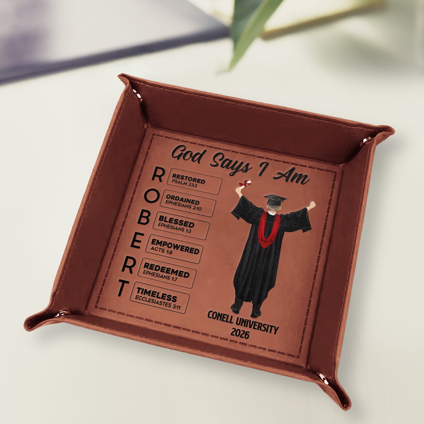 Graduation Gift For Him - God Says You Are - Personalized Leather Valet Tray