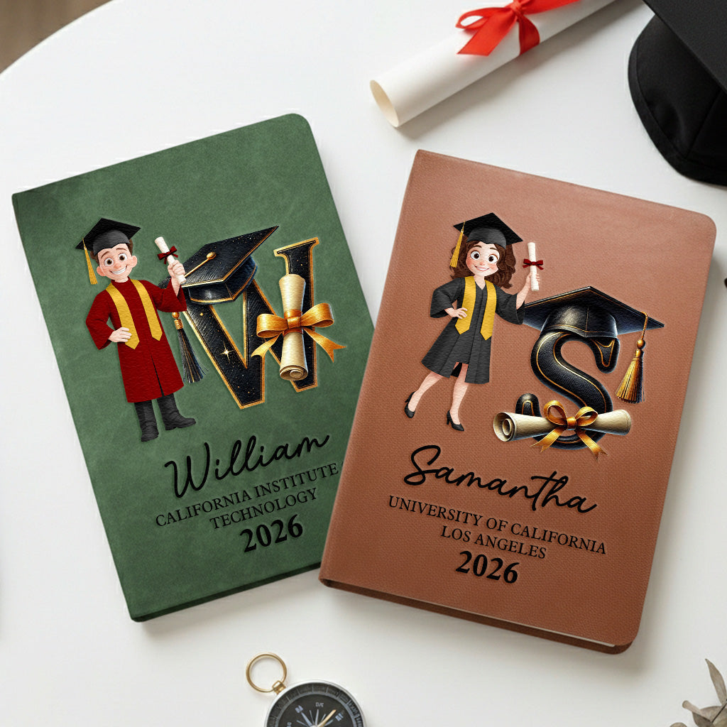 Graduation Initial Graduation Initial Cartoon - Personalized Leather Journal – Macorner