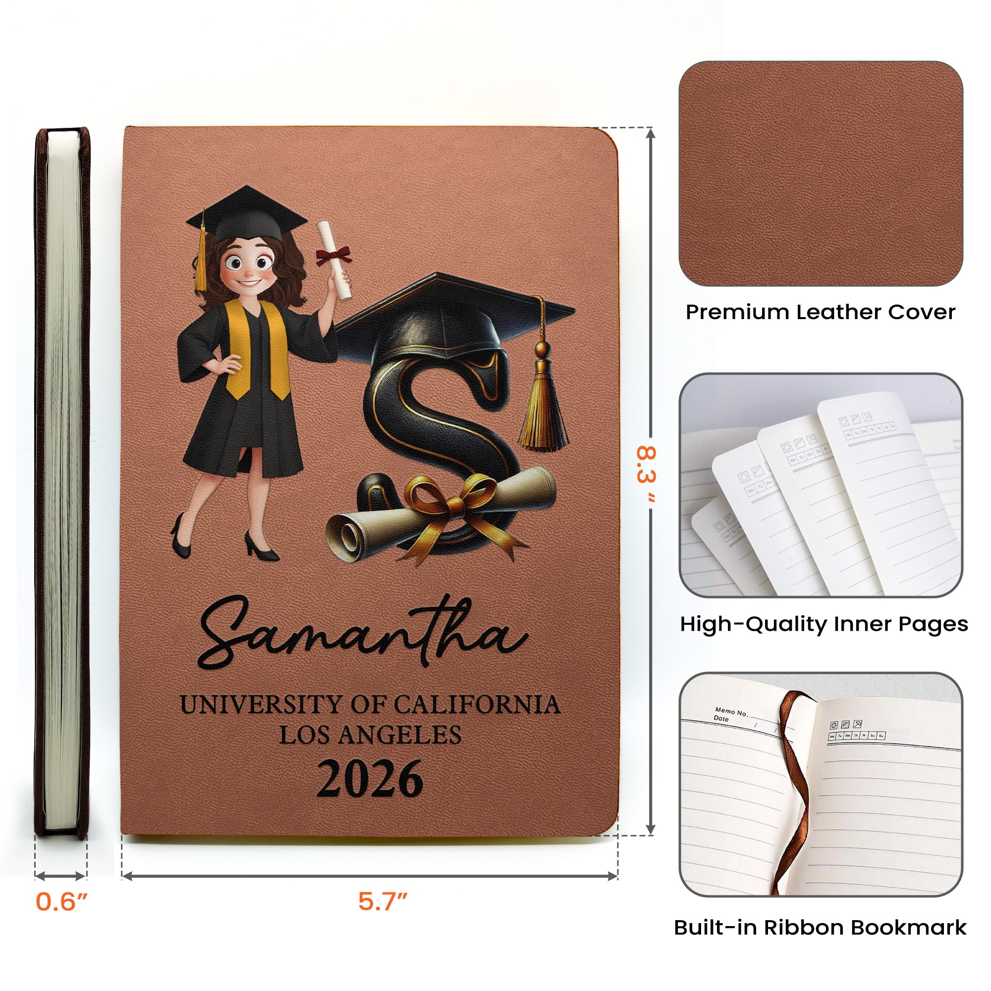 Graduation Initial Cartoon - Personalized Leather Journal