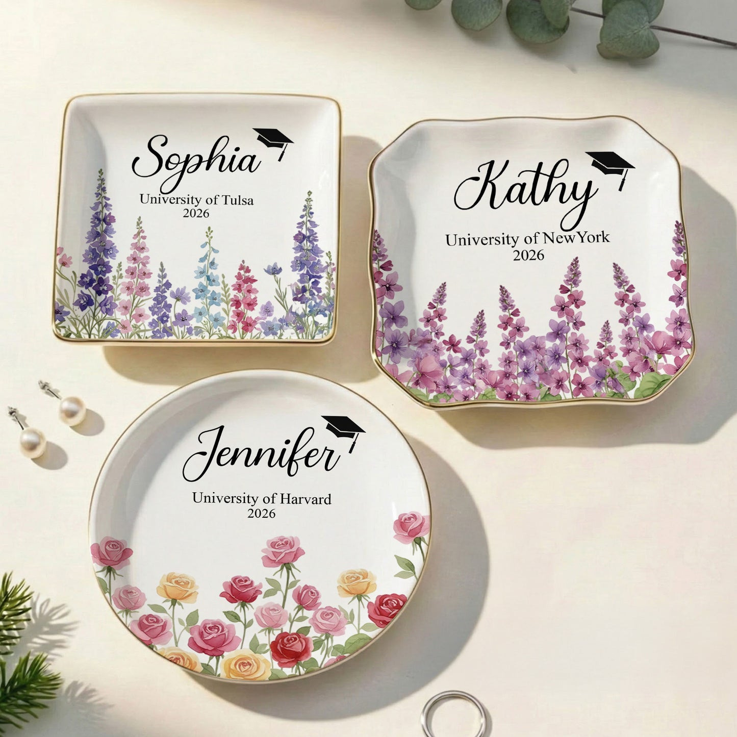 Graduation Jewelry Dish Custom Name Birth Flower - Personalized Jewelry Dish