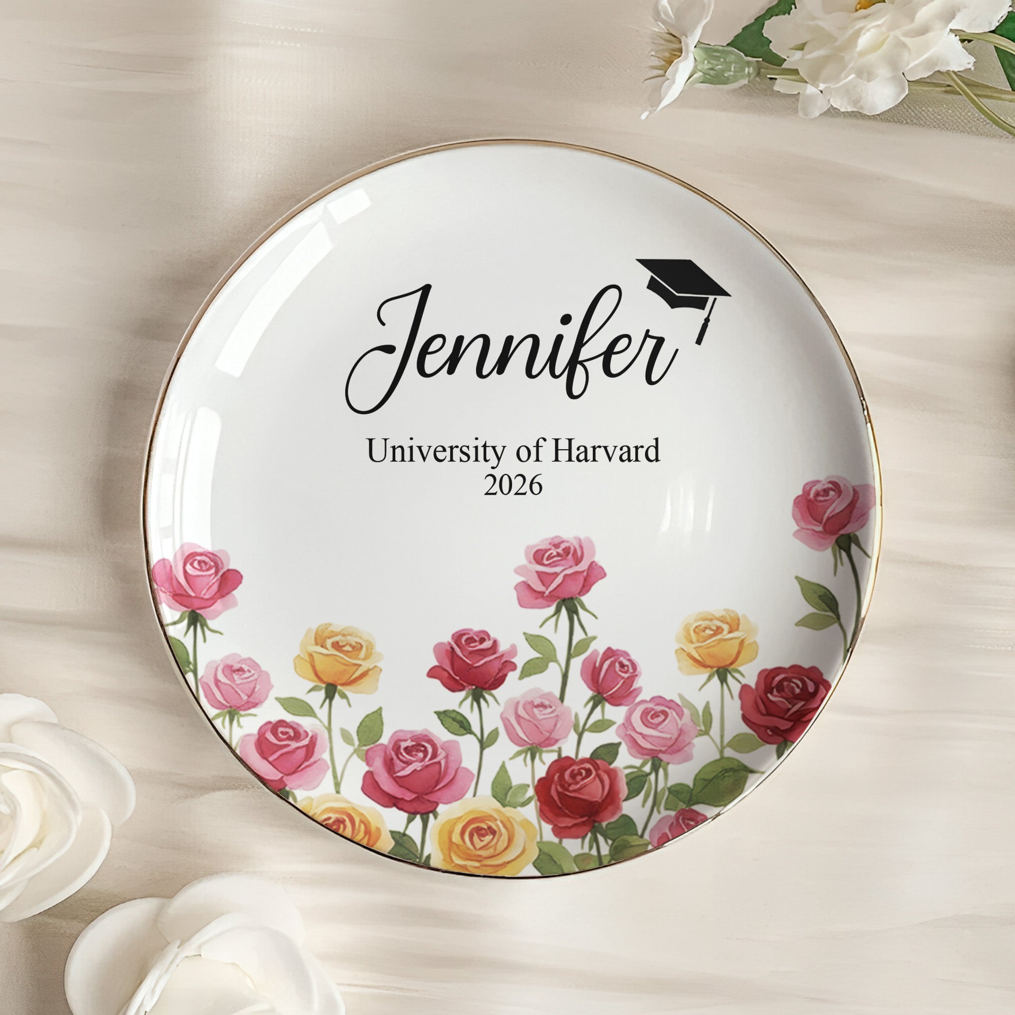 Graduation Jewelry Dish Custom Name Birth Flower - Personalized Jewelry Dish