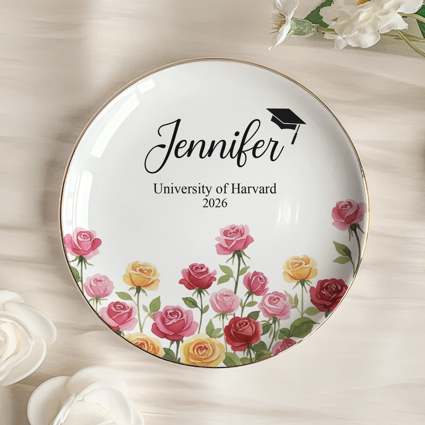 Graduation Jewelry Dish Custom Name Birth Flower - Personalized Jewelry Dish