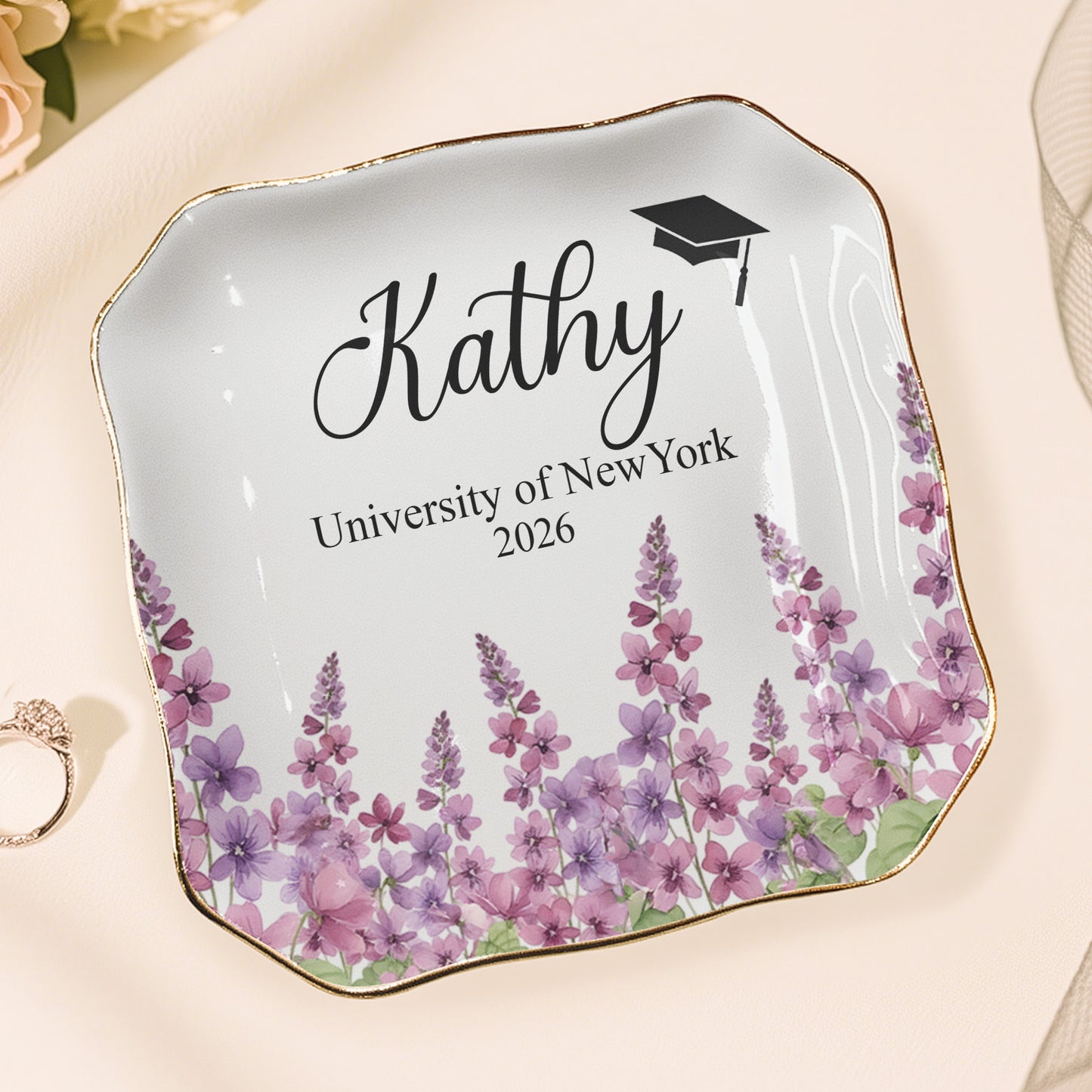 Graduation Jewelry Dish Custom Name Birth Flower - Personalized Jewelry Dish