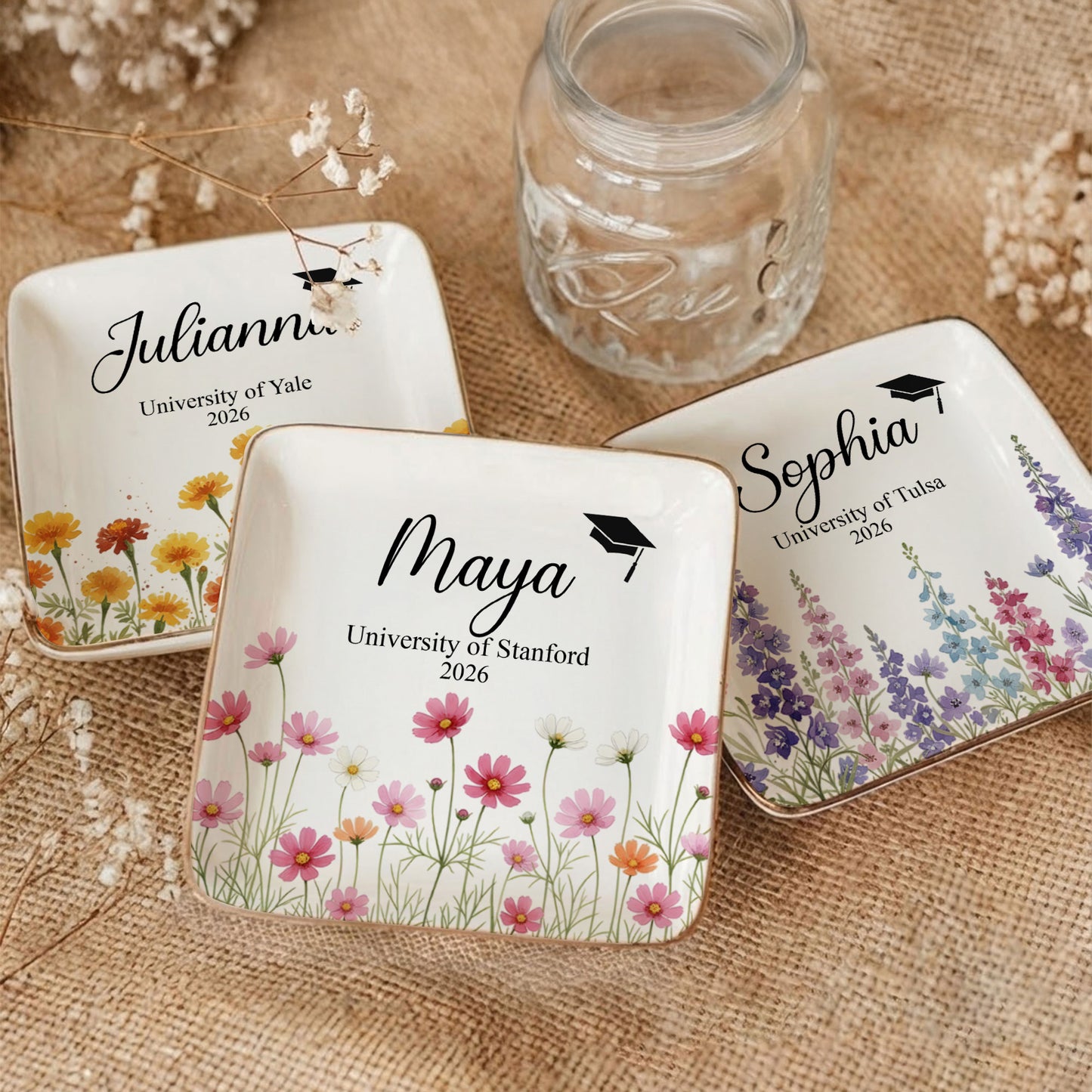Graduation Jewelry Dish Custom Name Birth Flower - Personalized Jewelry Dish