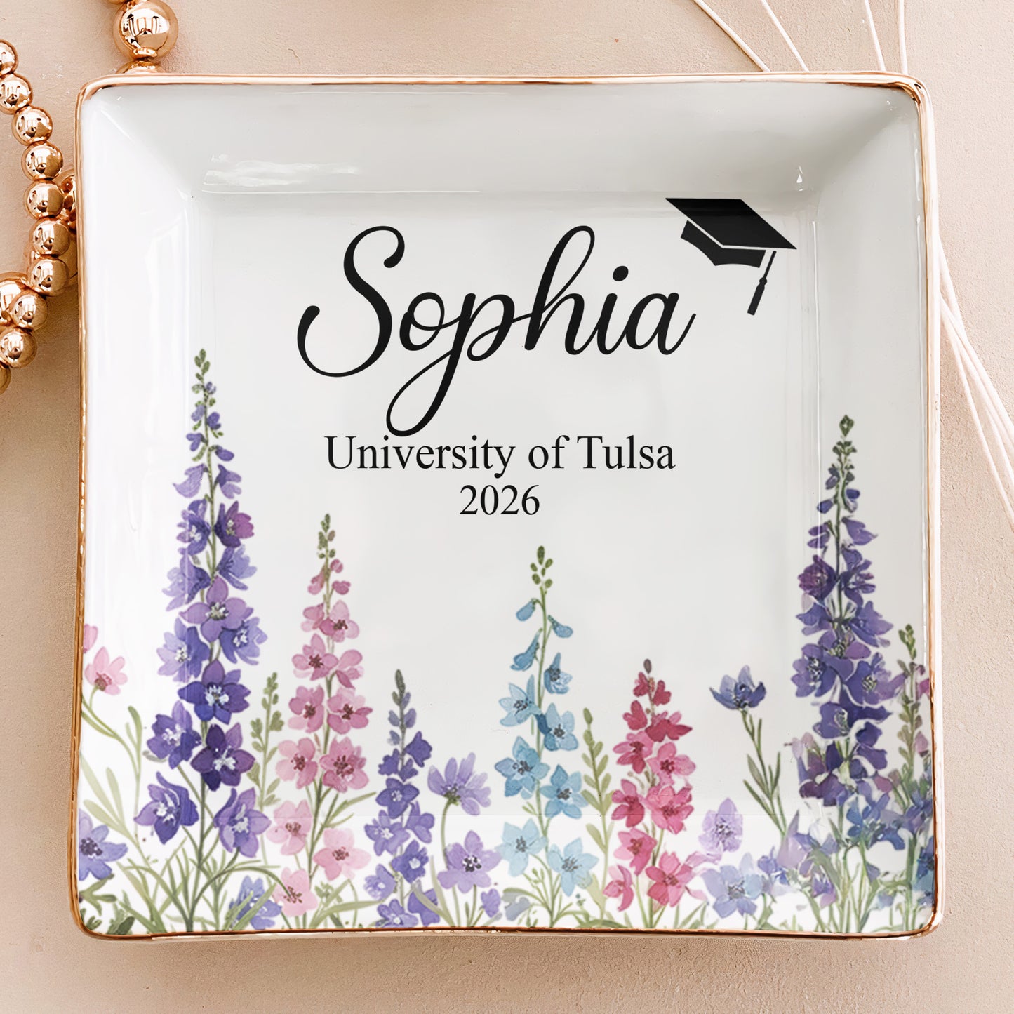 Graduation Jewelry Dish Custom Name Birth Flower - Personalized Jewelry Dish