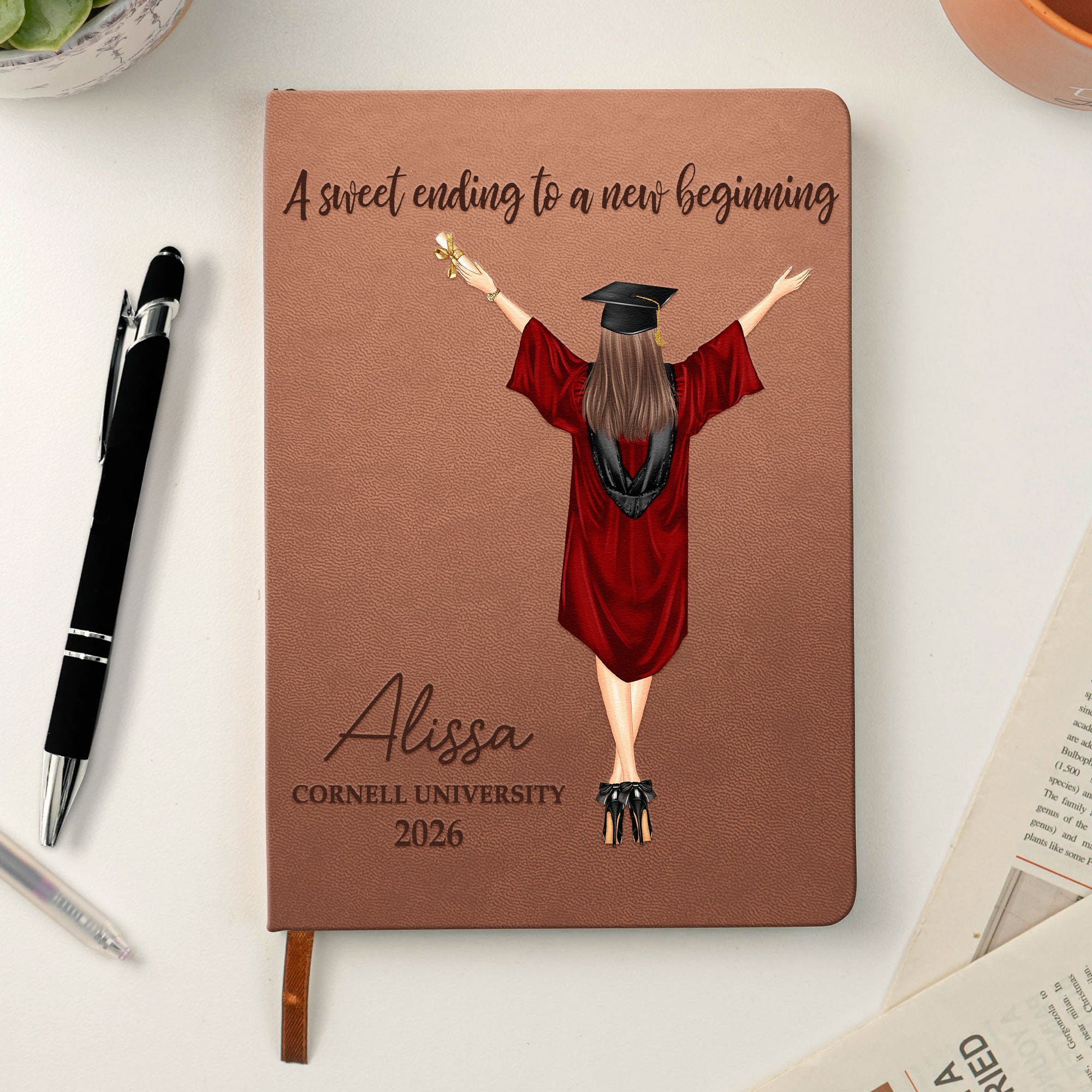 Graduation Journal A Sweet Ending To A New Beginning - Personalized Leather Journal