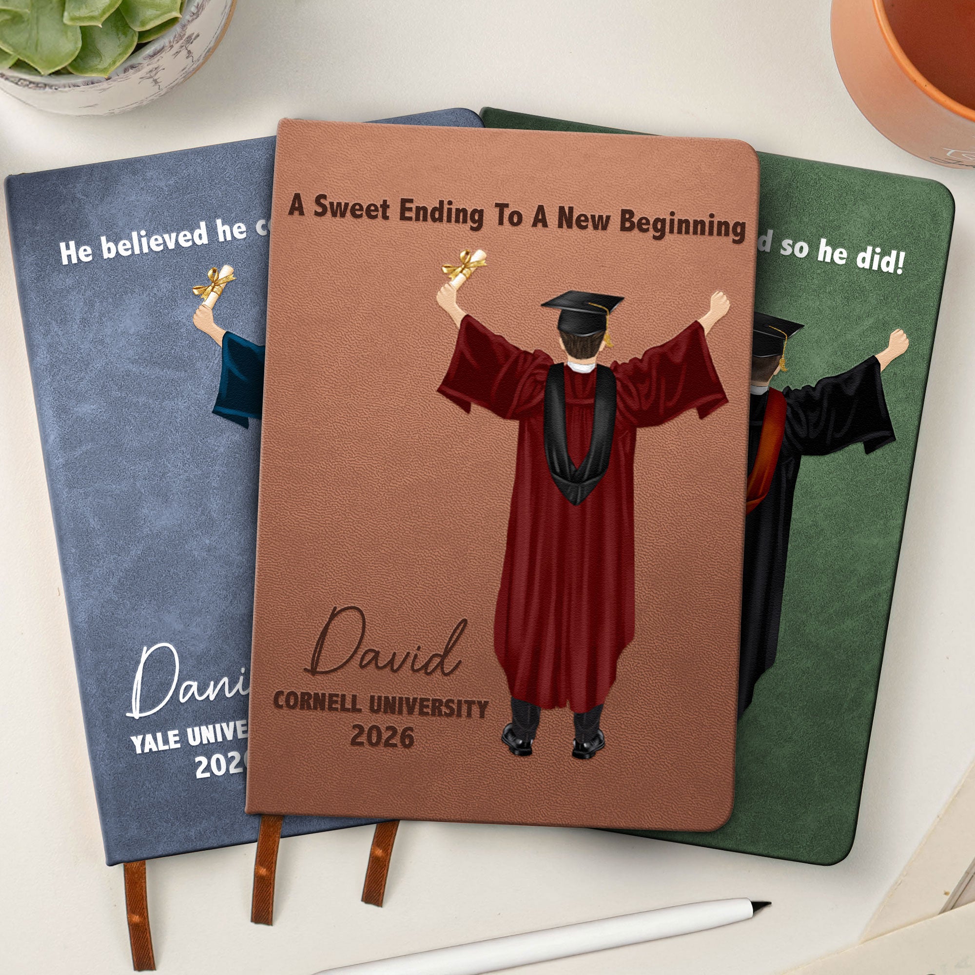 Graduation Journal He Believed He Could So He Did! - Personalized Leather Journal