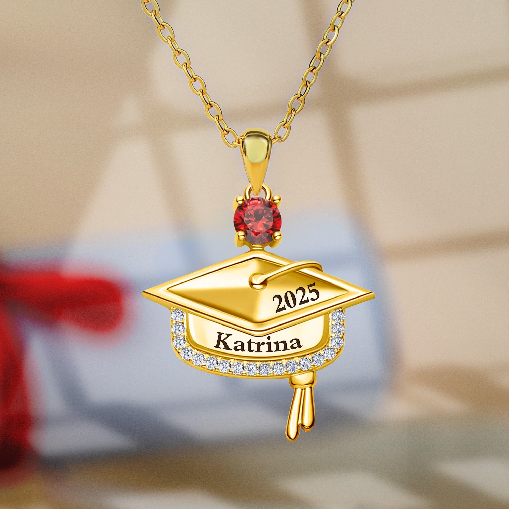 Graduation Gift - Personalized Graduation Cap Pendant Necklace With Birthstone