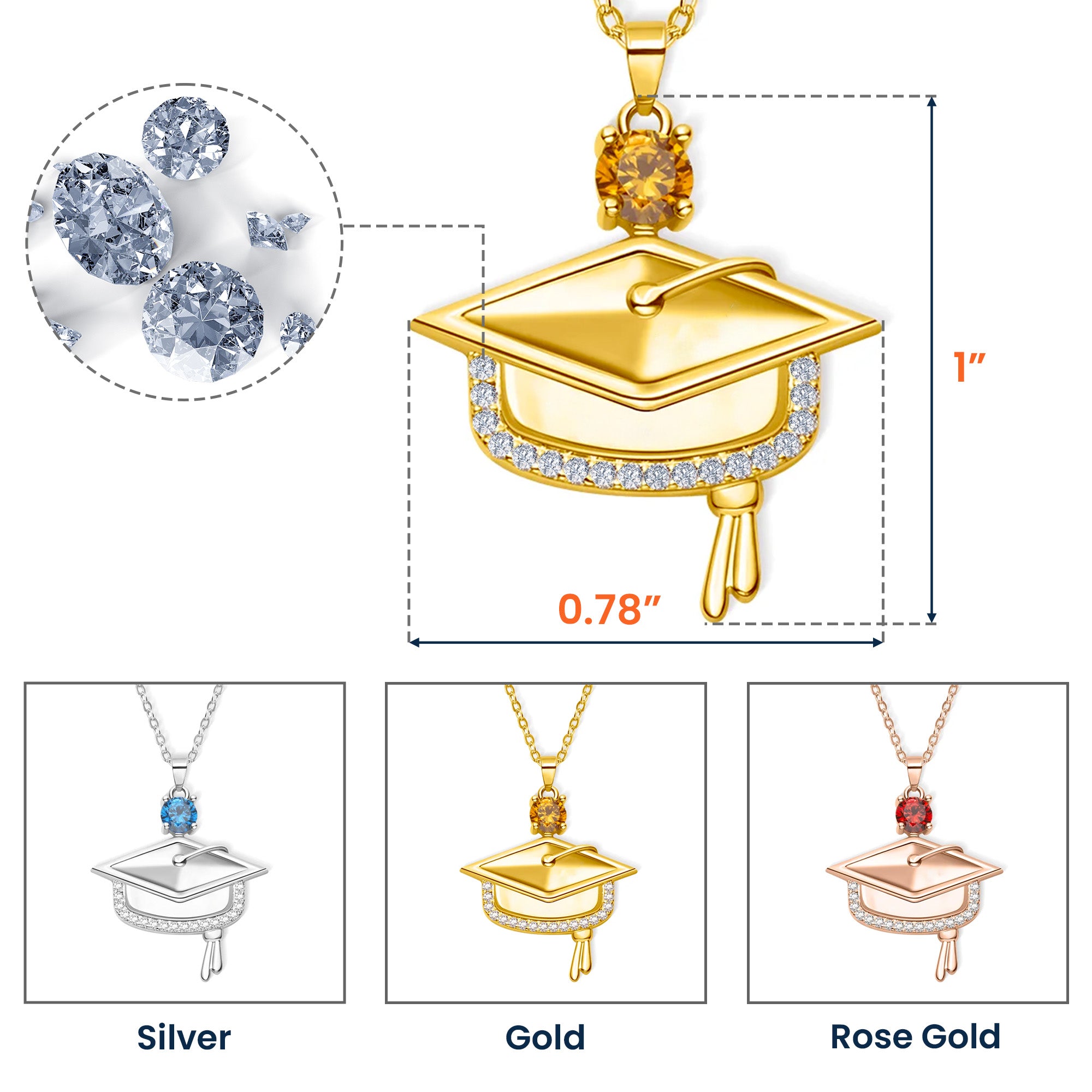 Graduation Gift - Personalized Graduation Cap Pendant Necklace With Birthstone