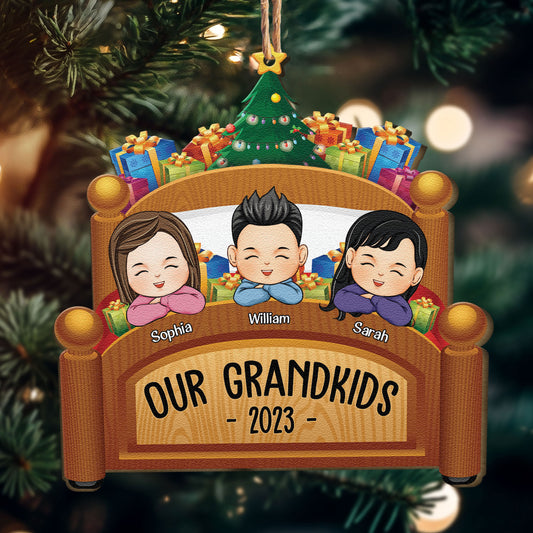 Grandkids Family Joyful Xmas In Bed - Personalized Custom Shaped Wooden Ornament