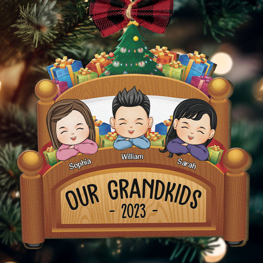 Grandkids Family Joyful Xmas In Bed - Personalized Custom Shaped Wooden Ornament With Bow