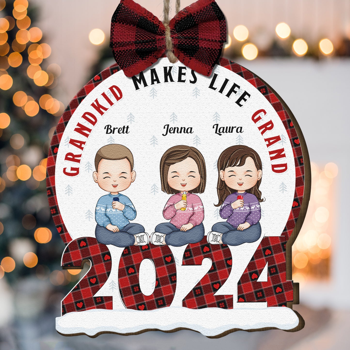 Grandkids Make Life Grand - Personalized Wooden Ornament With Bow