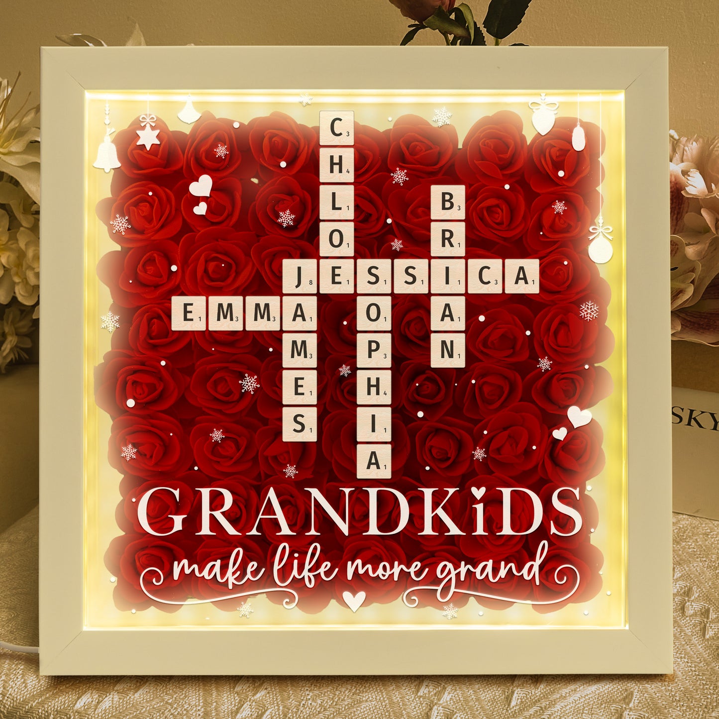 Grandkids Make Life More Grand - Personalized Flower Shadow Box With LED Light