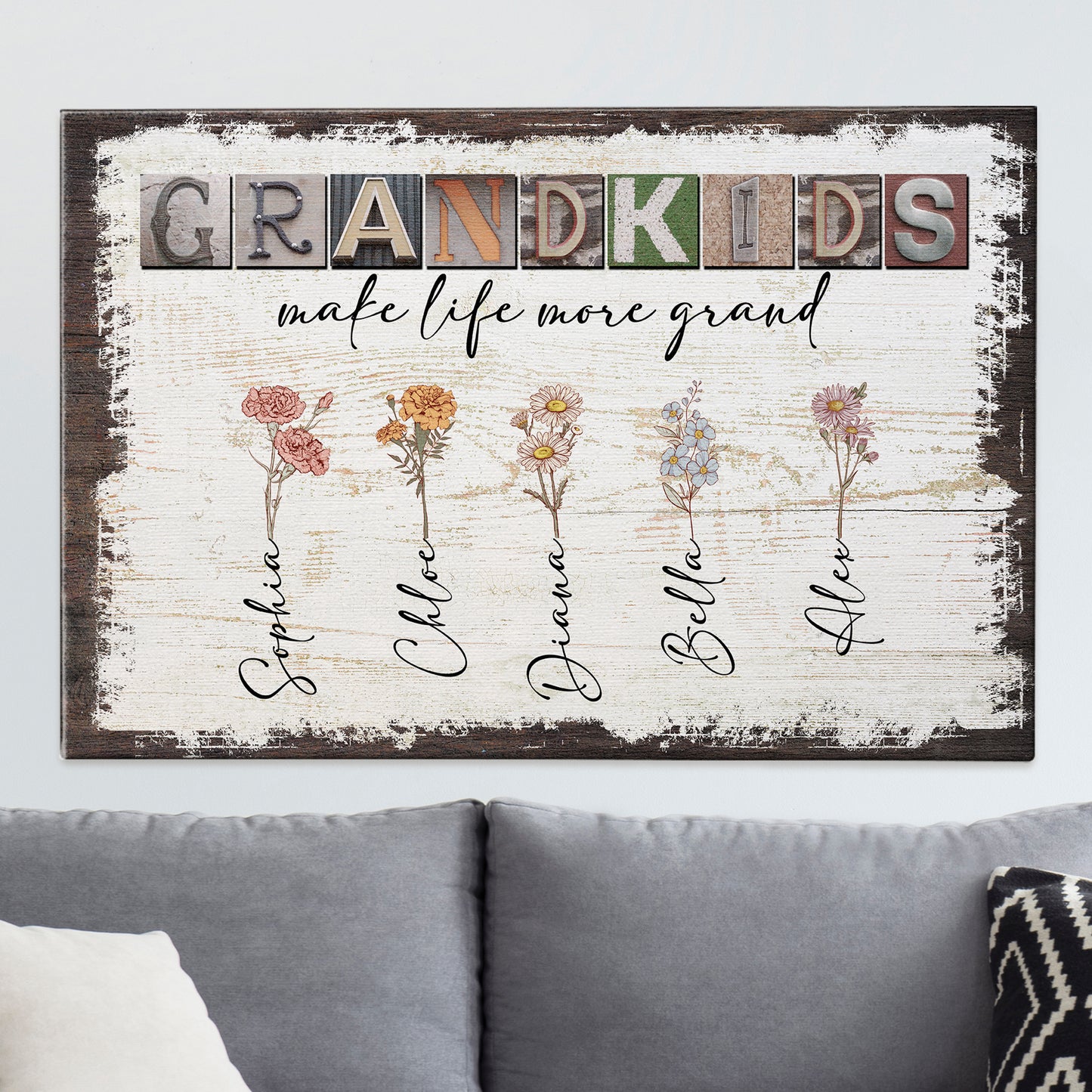 Grandkids Make Life More Grand - Personalized Wrapped Canvas - Birth Month Flowers